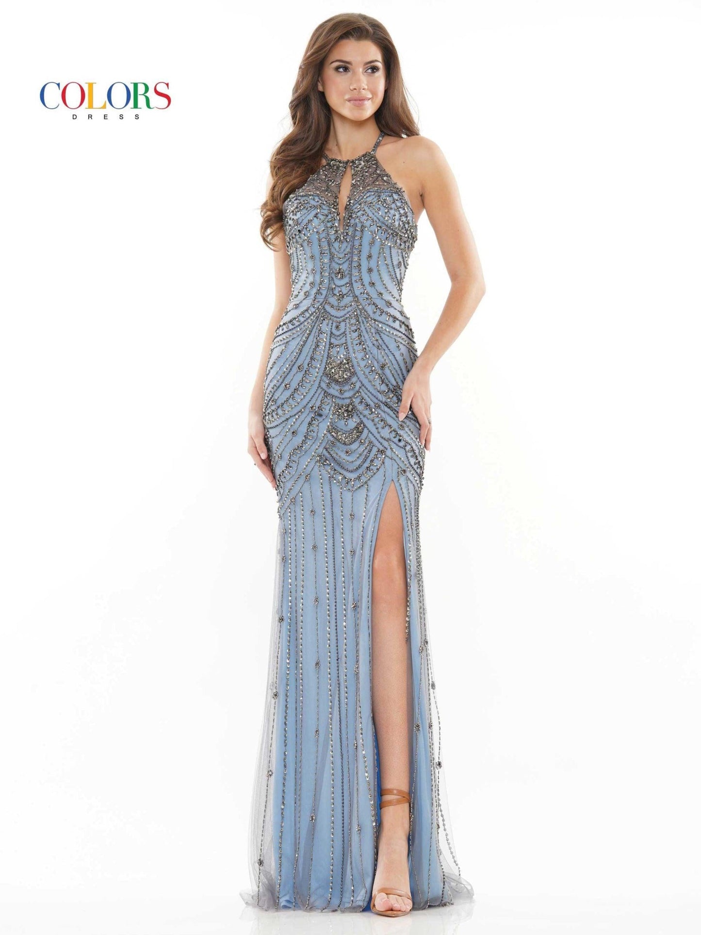 Colors Long Formal Beaded Halter Prom Dress 2722 - The Dress Outlet