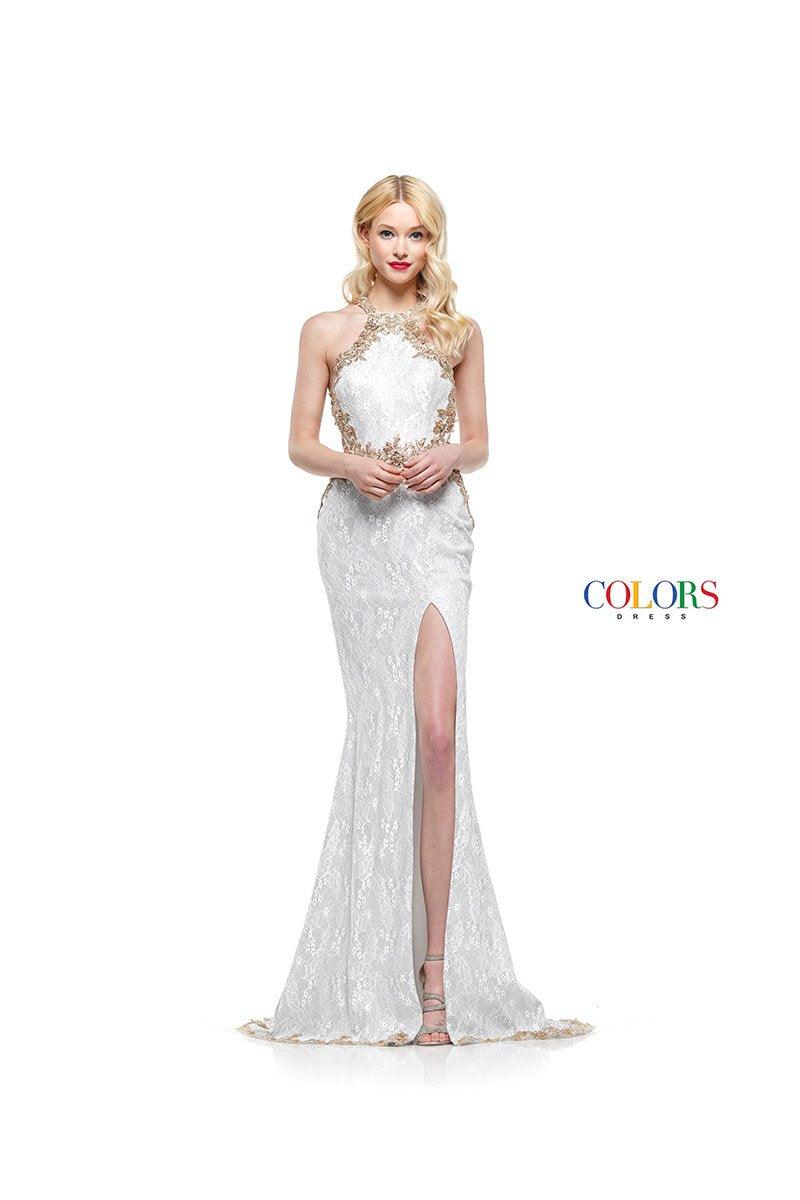Colors Long Fitted with Slit Lace Dress 2225 - The Dress Outlet