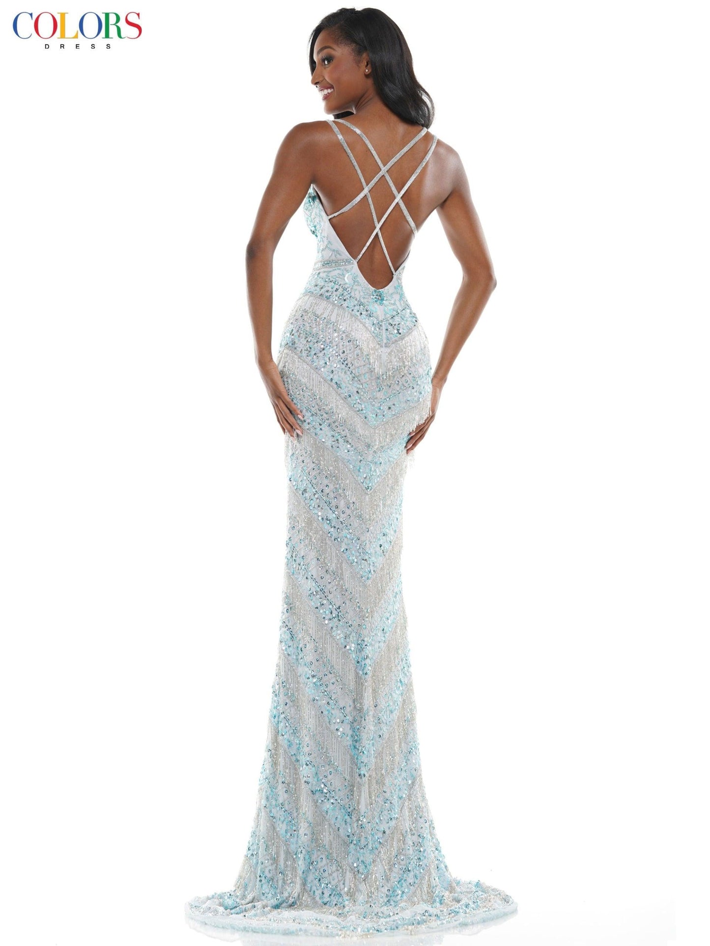 Colors Long Spaghetti Strap Beaded Prom Dress 109 - The Dress Outlet