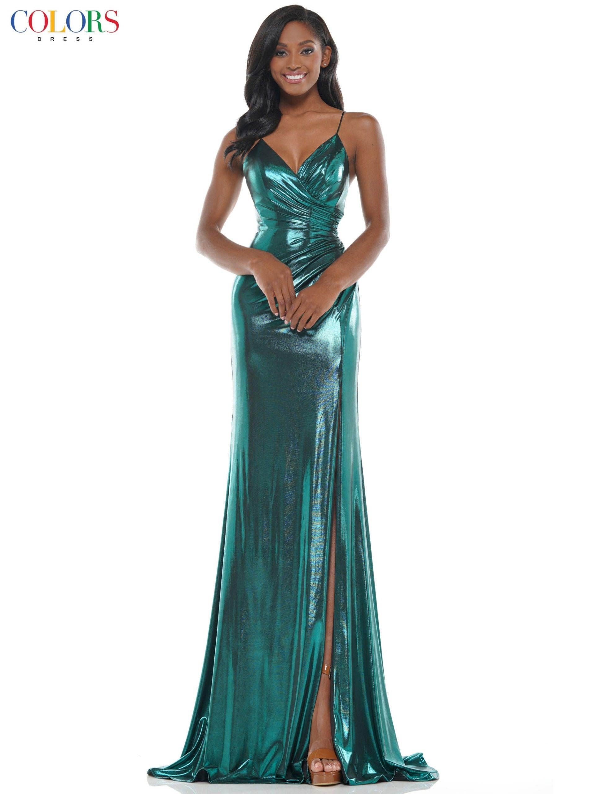 Colors Long Spaghetti Strap Metallic Prom Gown 2635 - The Dress Outlet