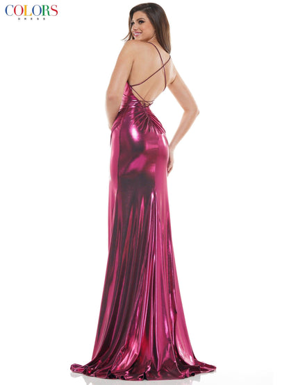 Colors Long Spaghetti Strap Metallic Prom Gown 2635 - The Dress Outlet