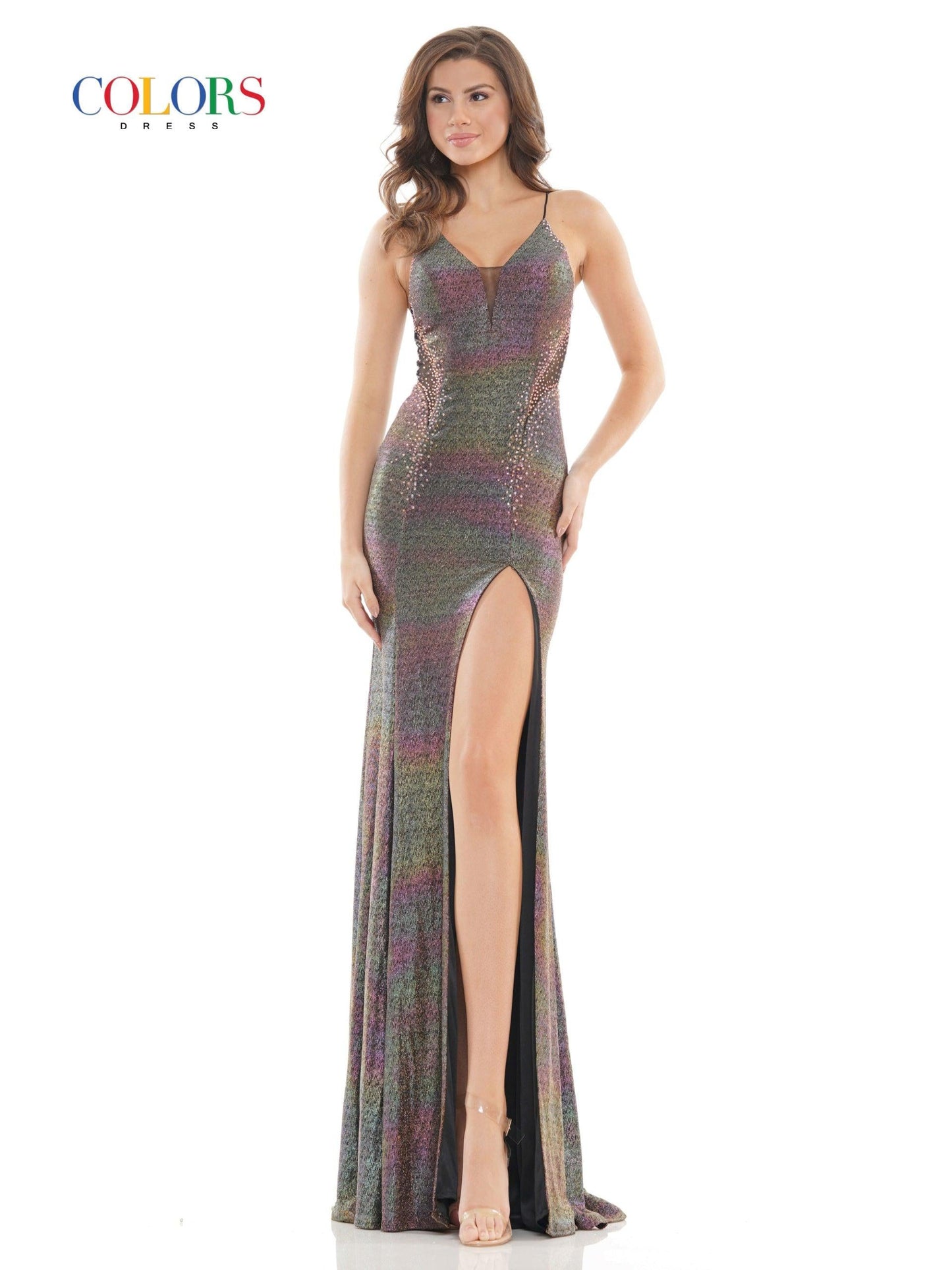 Colors Long Spaghetti Strap Metallic Prom Gown 2669 - The Dress Outlet