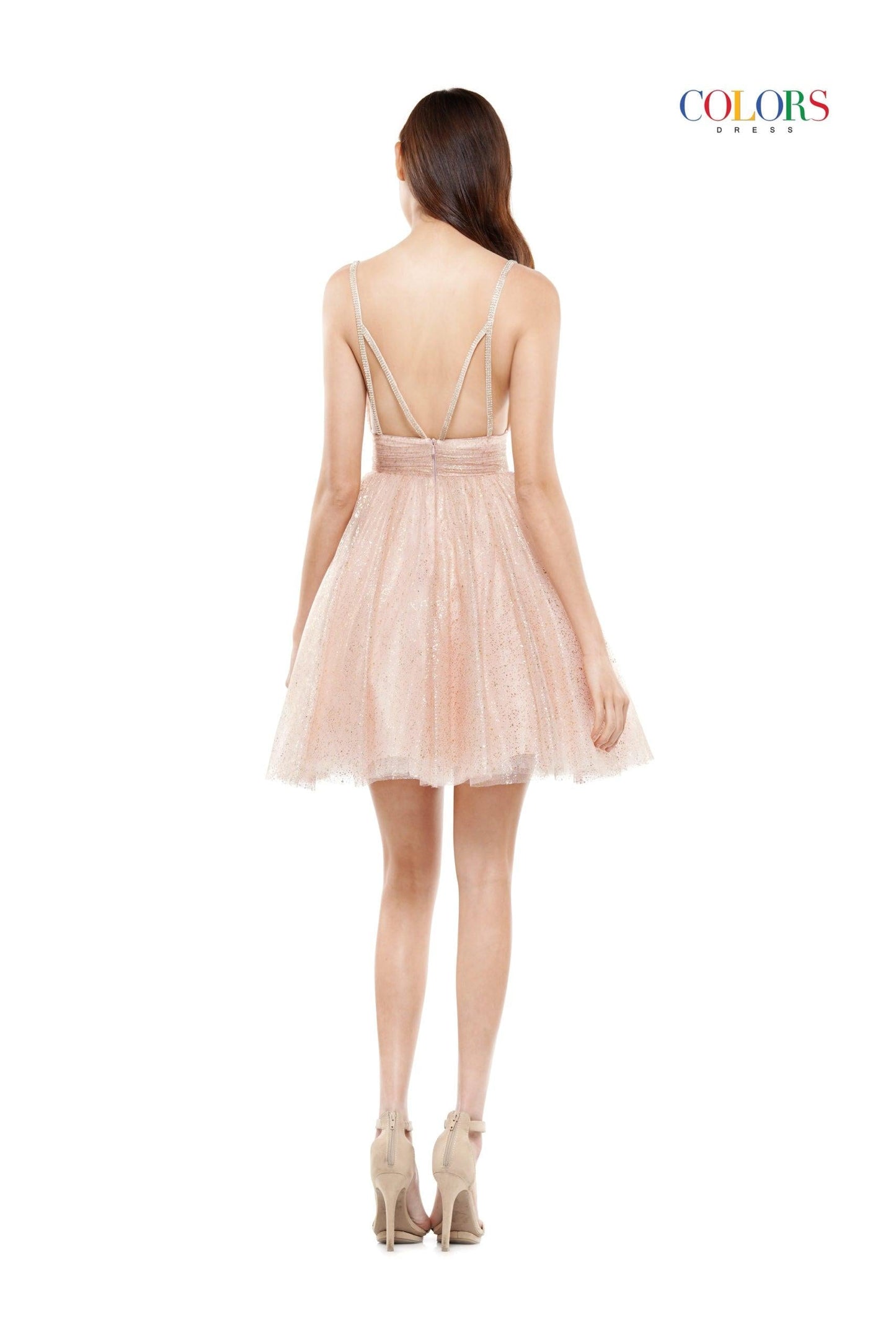 Colors Prom Short Spaghetti Strap Mesh Dress 2412 - The Dress Outlet