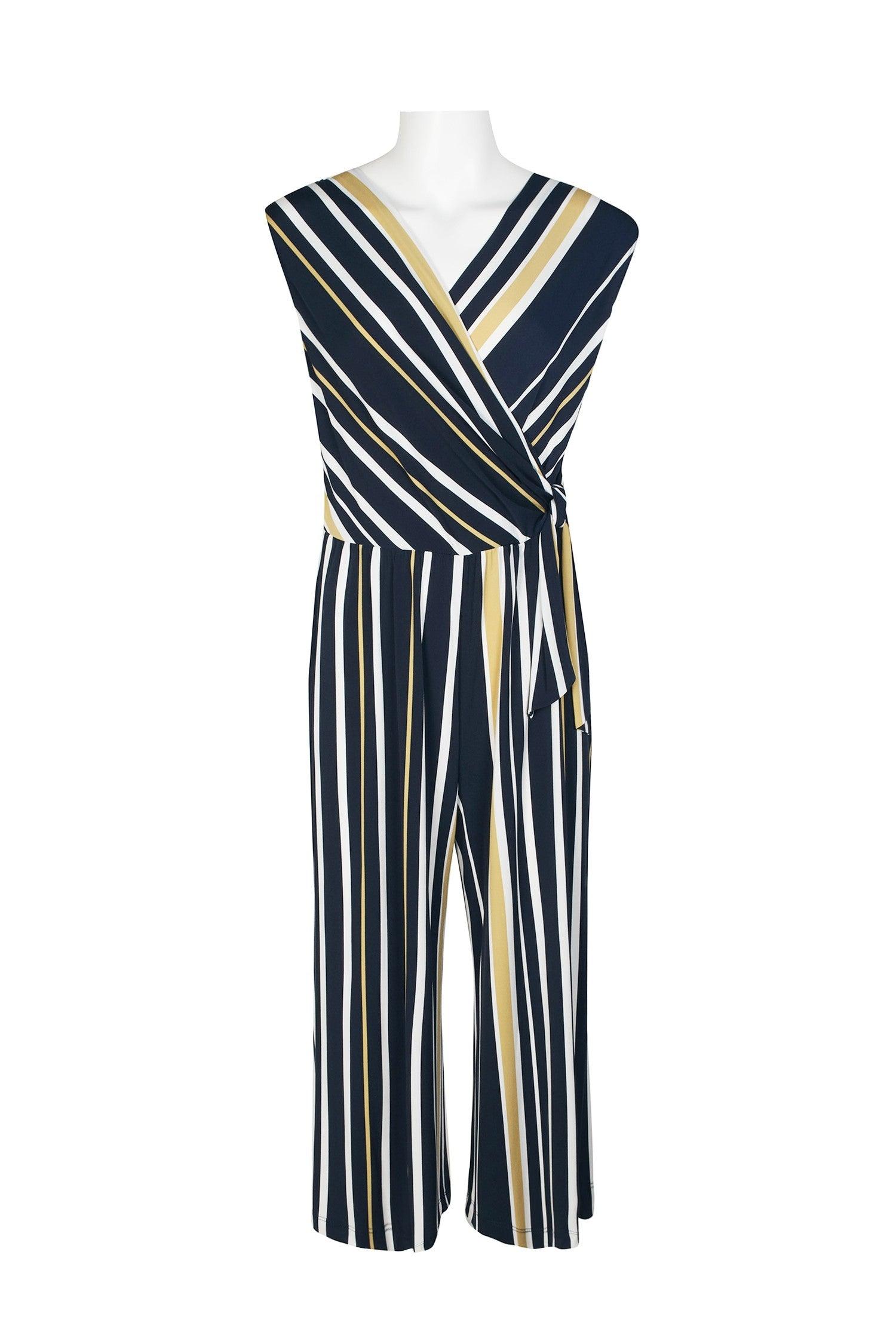 Connected Apparel Cap Sleeve Stripe Print Jumpsuit - The Dress Outlet