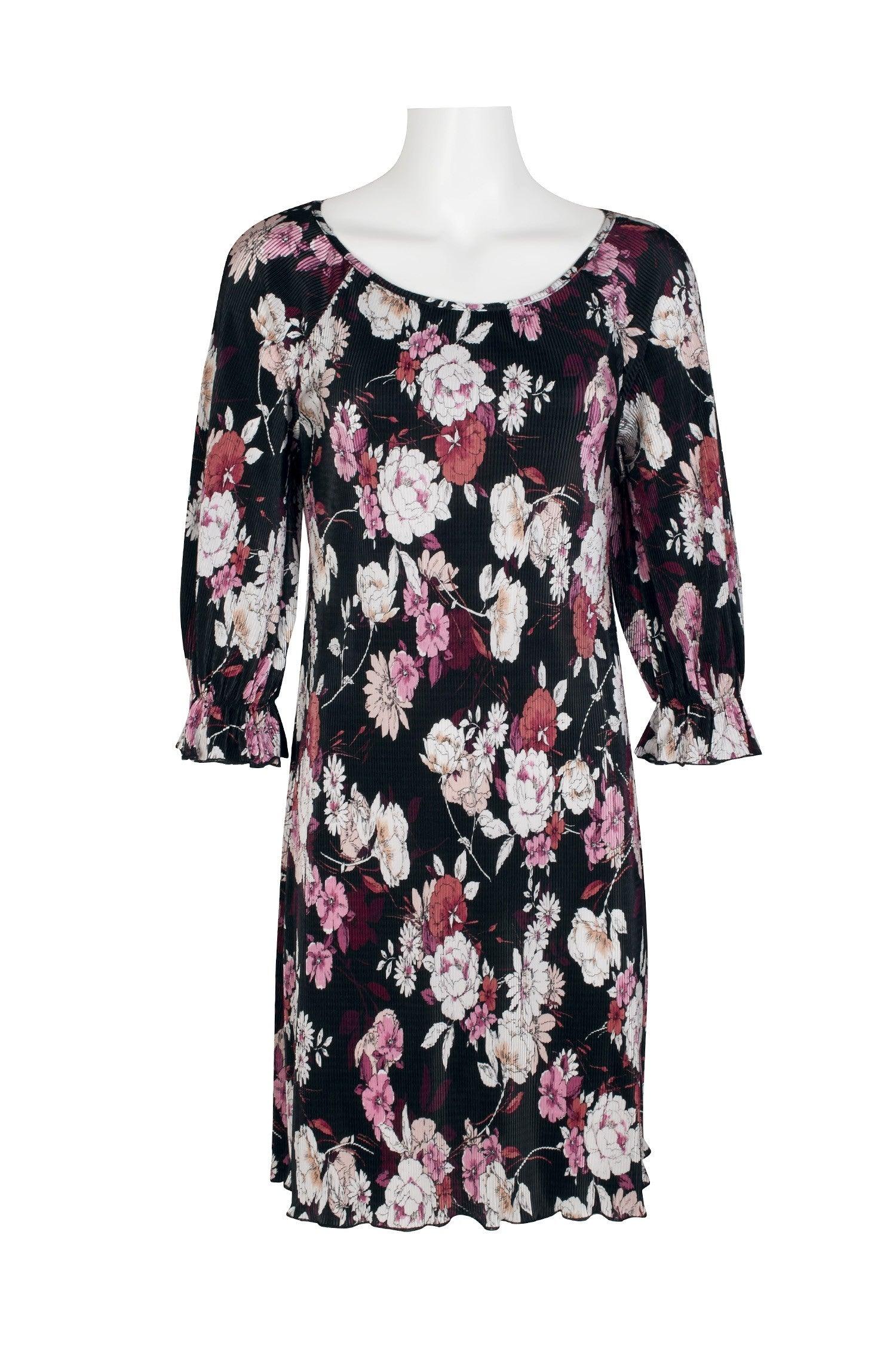 Connected Apparel Short 3/4 Sleeve Floral Dress - The Dress Outlet