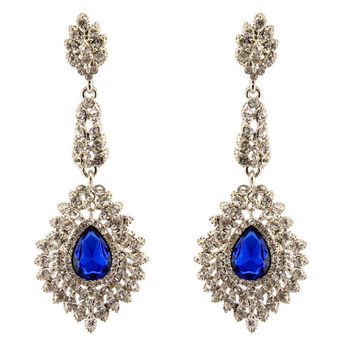 SAPPHIRE Crystal Drop Rhinestone Teardrop Long Earrings - Formal ...
