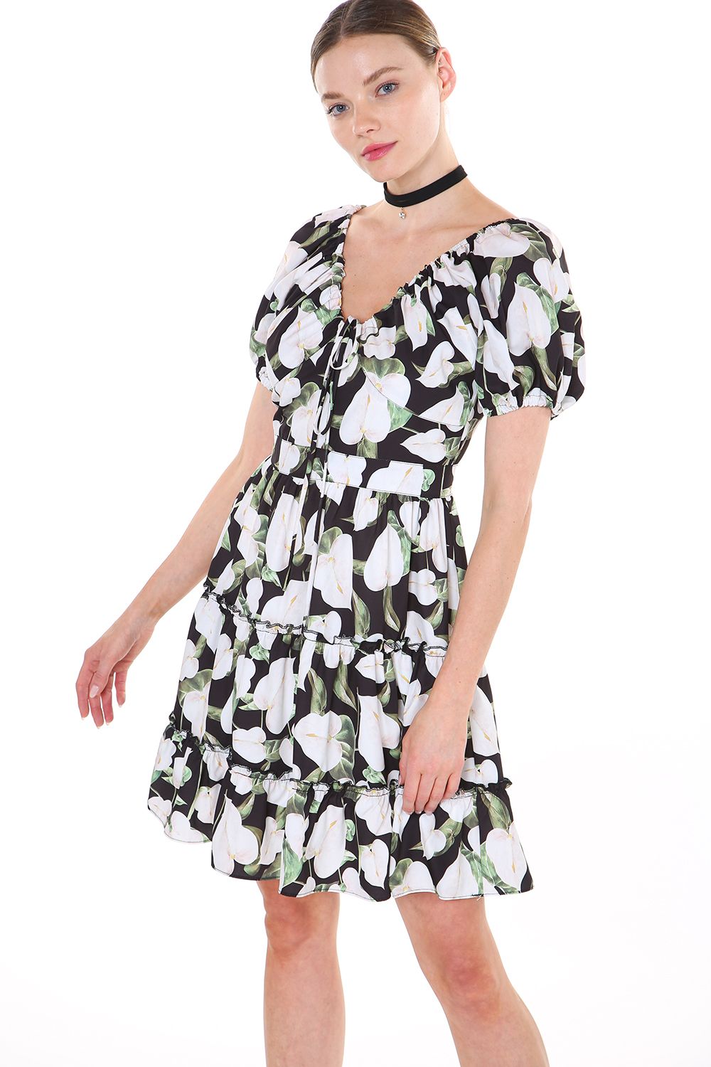 Black Short Sleeve Floral Mini Dress for $89.99 – The Dress Outlet