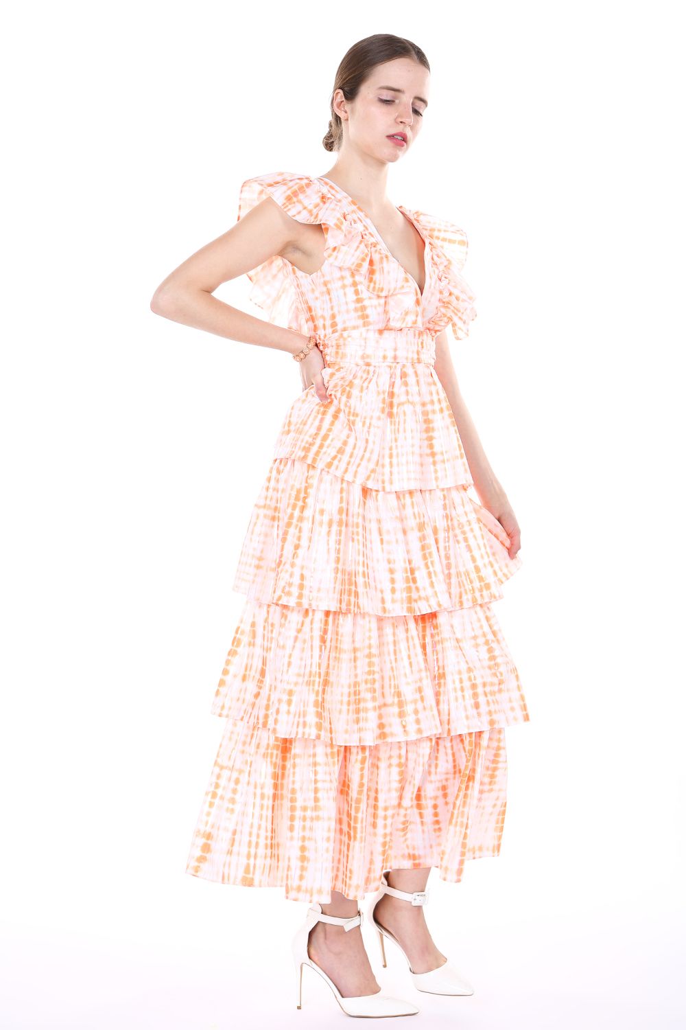 Tiered V Neck Sleeveless Ruffle Tea Length Dress