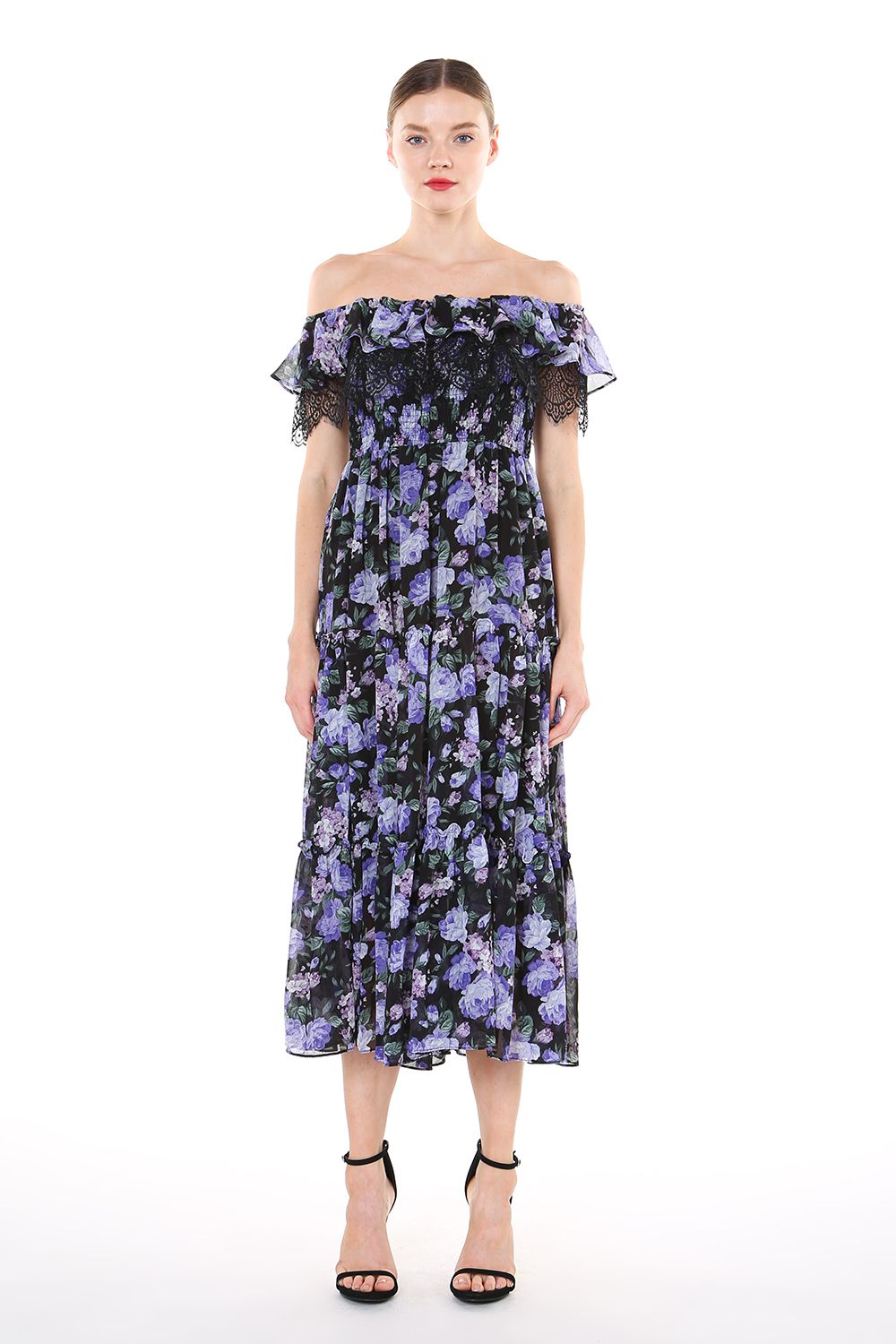 Beulah Styles Off Shoulder Floral Lace Trim Midi Dress - Black - Size S - Casual Cocktail Dress Beulah Styles Off Shoulder Floral Lace Trim Midi Dress - Black - Size S - Casual Cocktail Dress