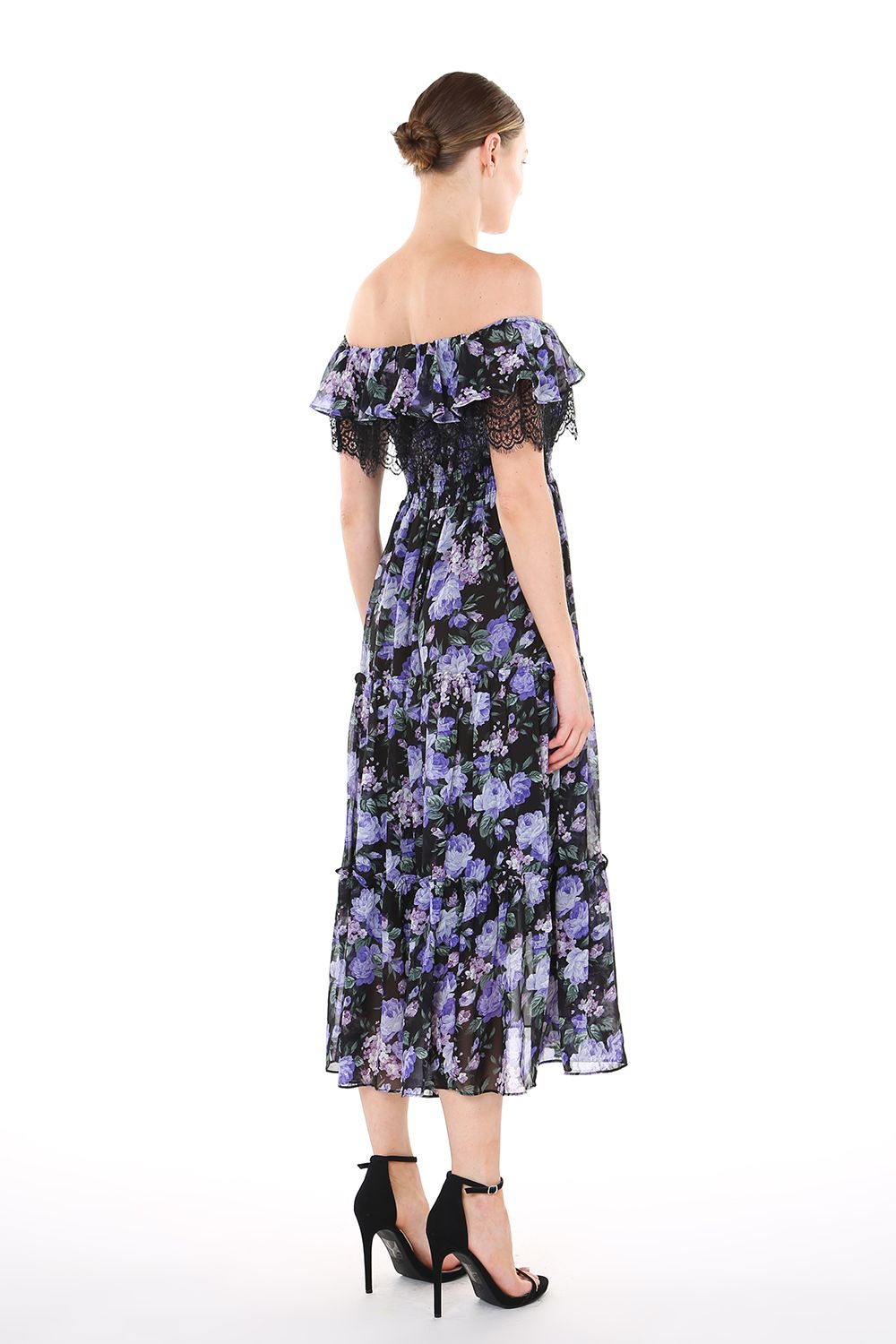 Beulah Styles Off Shoulder Floral Lace Trim Midi Dress - Black - Size S - Casual Cocktail Dress Beulah Styles Off Shoulder Floral Lace Trim Midi Dress - Black - Size S - Casual Cocktail Dress