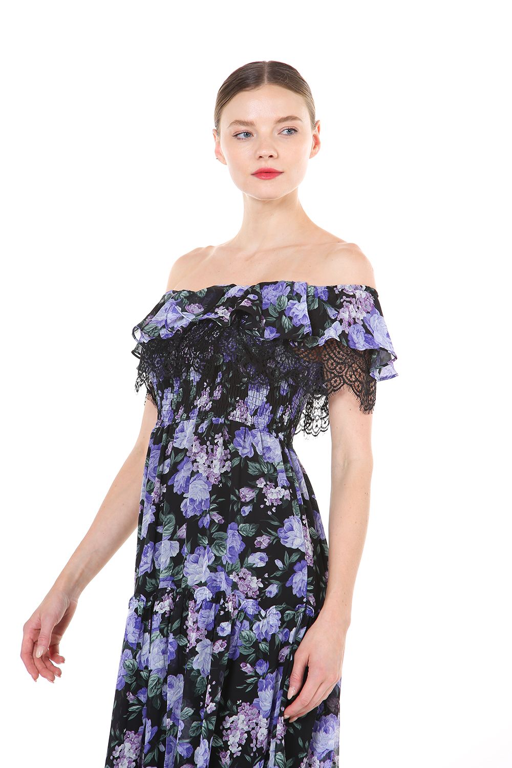Off Shoulder Floral Lace Trim Midi Dress
