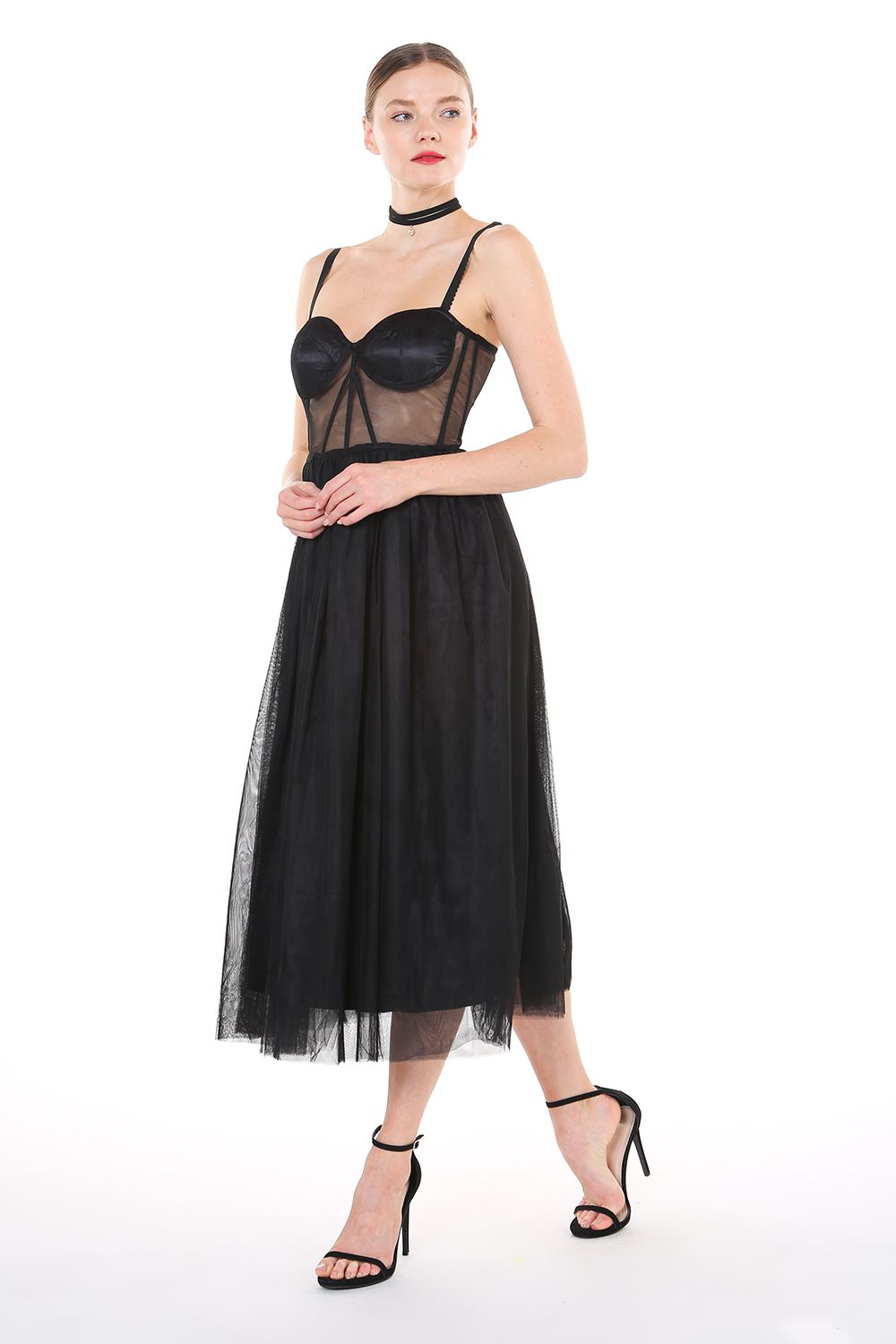 Shoulder Strap Mesh Midi Length Dress