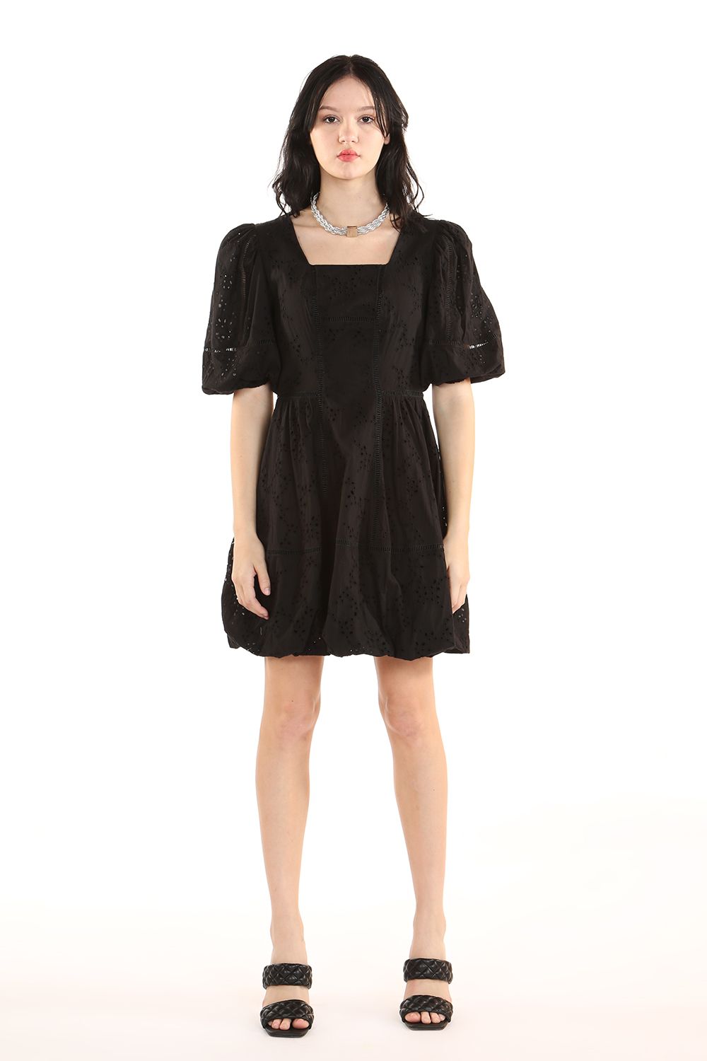 Cocktail Dresses Short Puff Shoulder Pattern Dress  Black