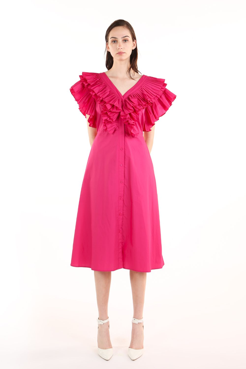 Fuchsia V Neck Pleated Ruffle Trim Sleeve Midi Dress for $129.99 – The ... Fuchsia V Neck Pleated Ruffle Trim Sleeve Midi Dress for $129.99 – The ...