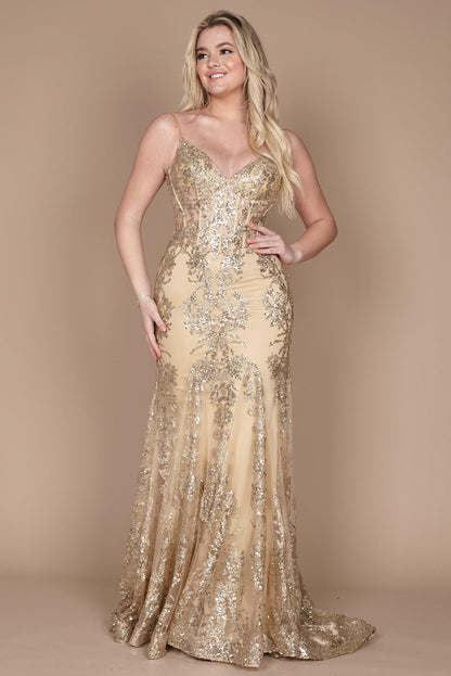 Dylan & Davids Fitted Corset Long Formal Prom Dress Gold