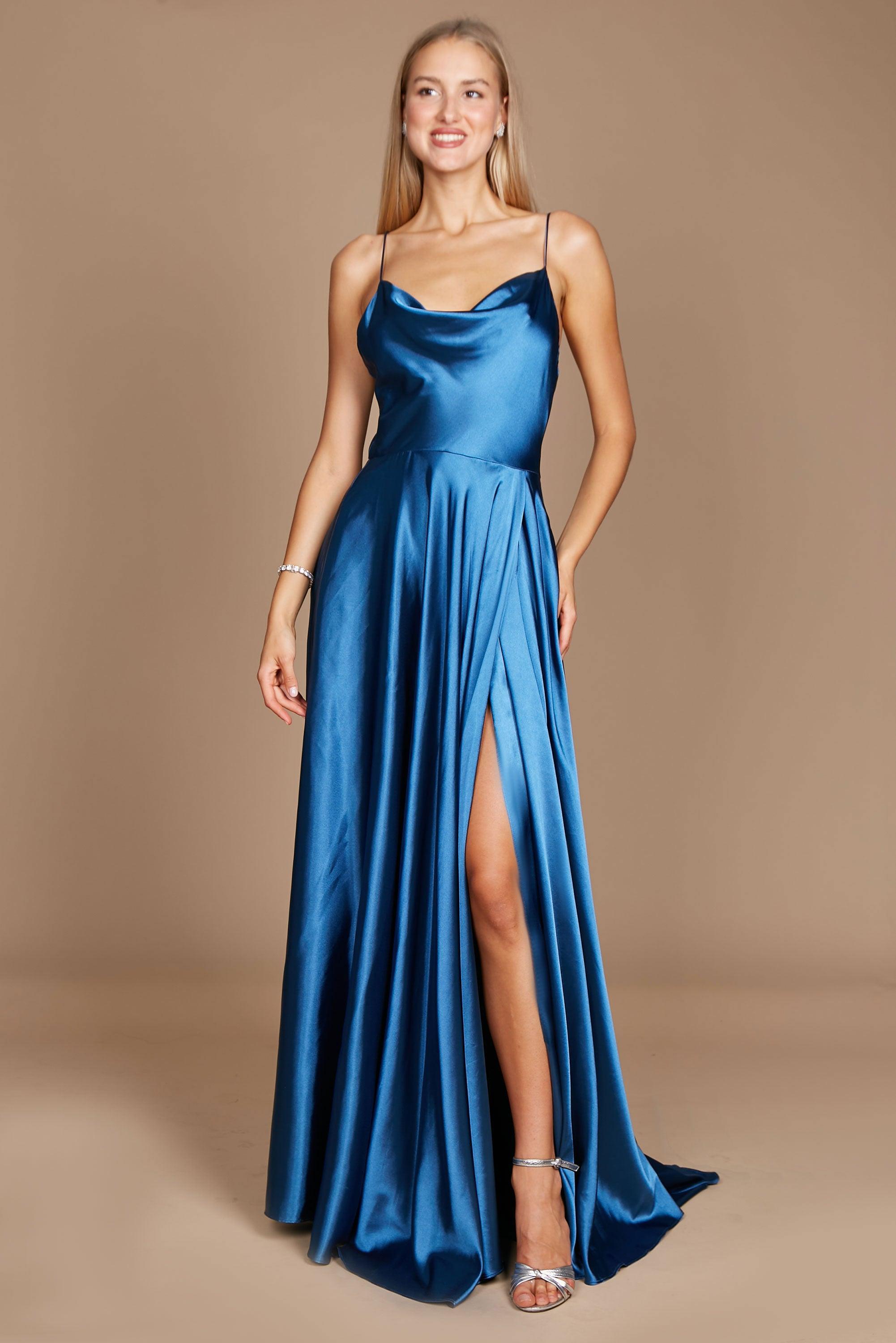 cowl neck blue satin dress A-line Cow Neck Slit Maxi Satin Dress