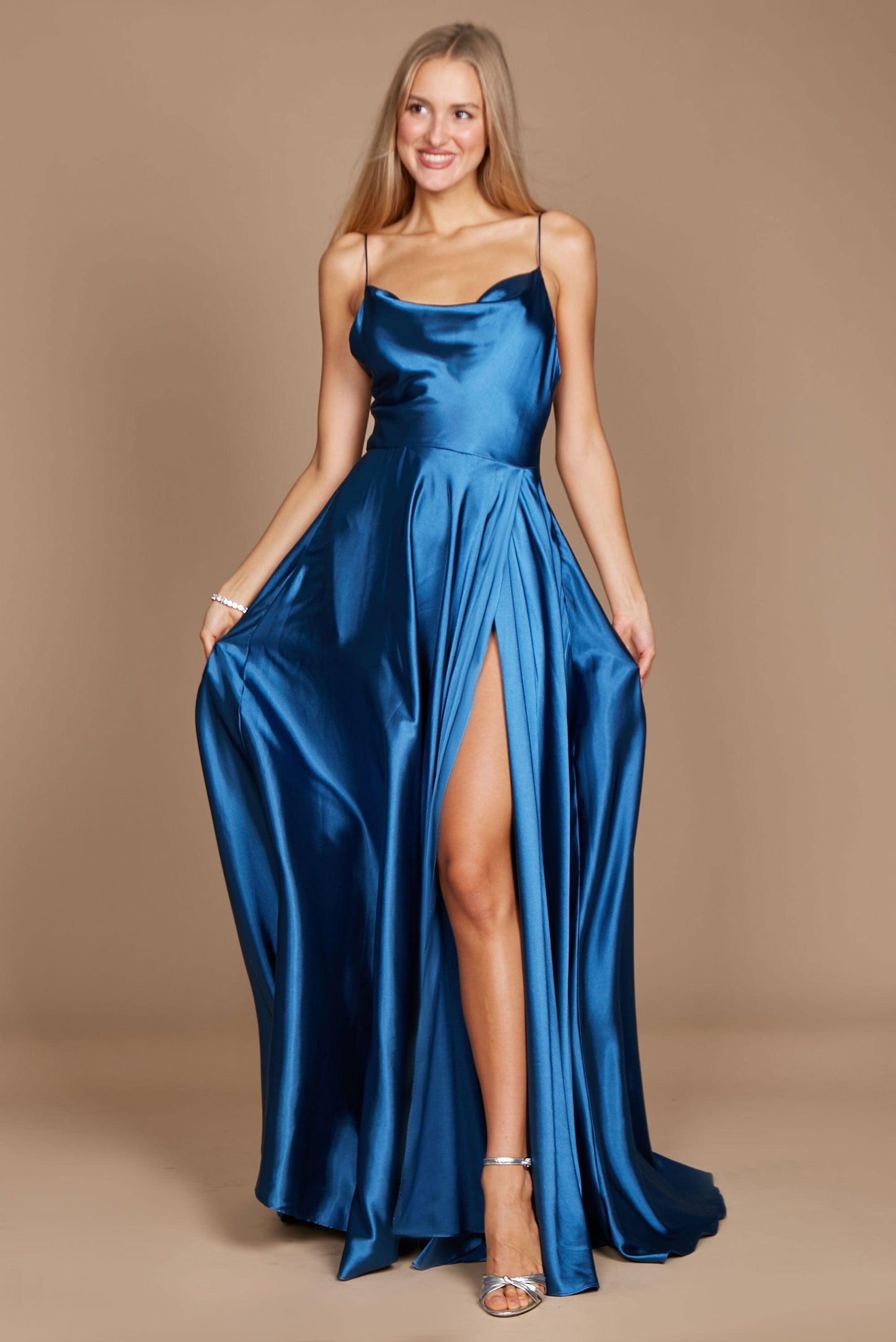 Prom Dresses Formal Cowl Neck Spaghetti Strap Party Dress Smoke Blue