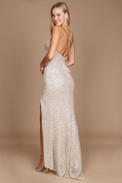 Dylan & Davids Long Formal Fitted Sequin Prom Dress Champagne