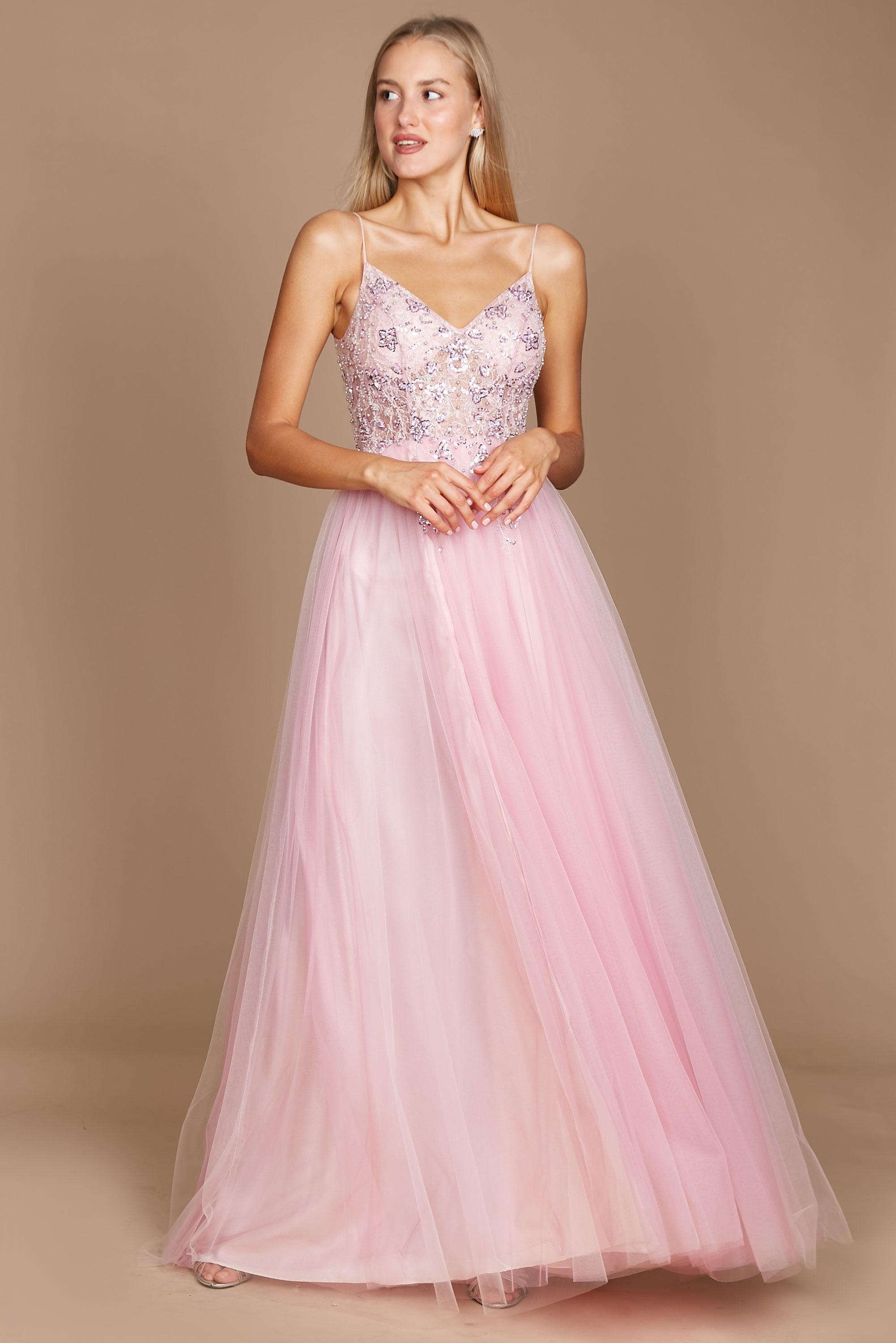 Prom Dresses Long Jeweled Beaded Tulle Prom Dress Multi Pink