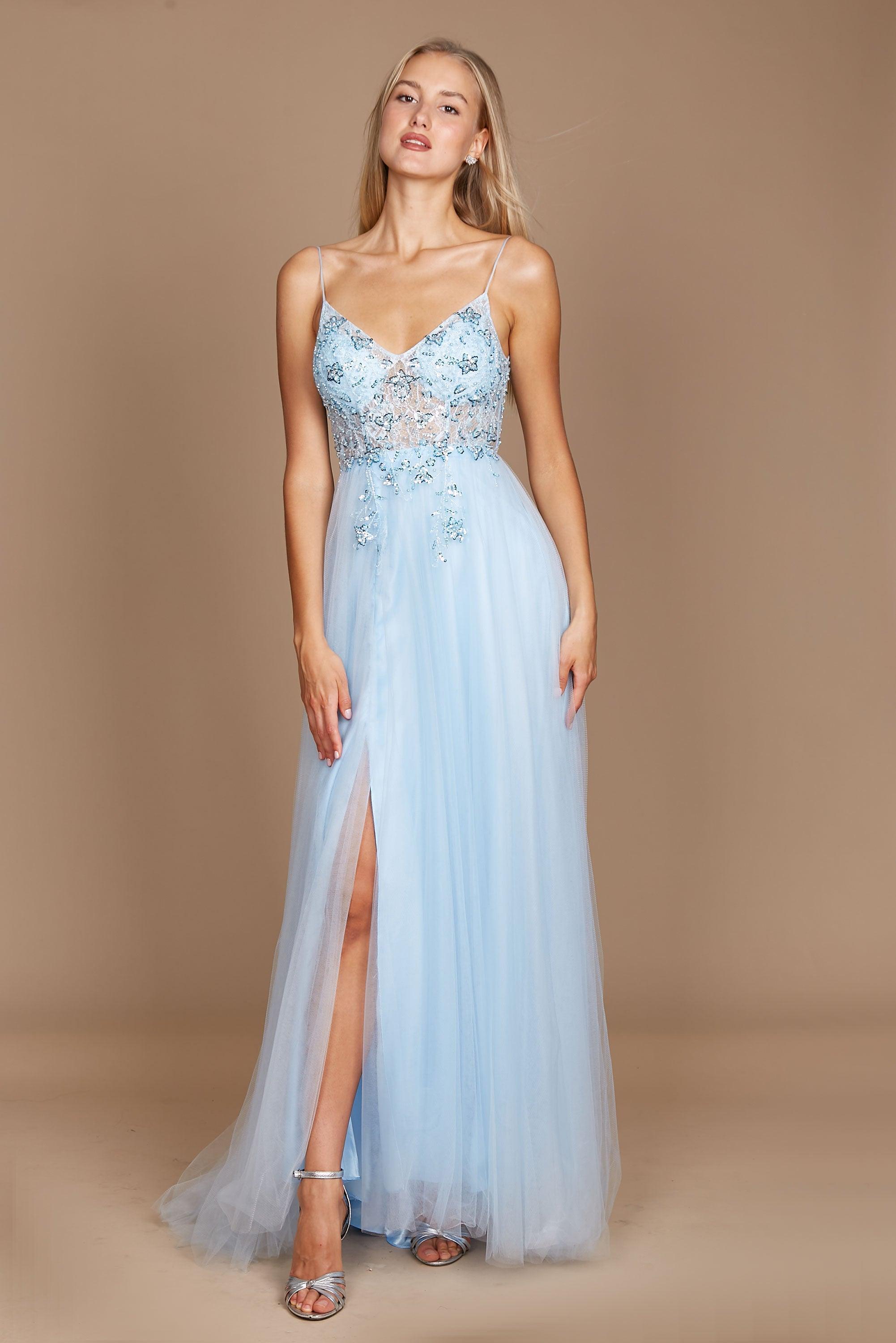 Dylan & Davids Long Jeweled Beaded Tulle Prom Dress Blue