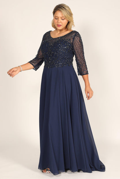 Mother of the Bride Dresses Long Sleeve Hand Beaded Mother of The Bride Dress Navy