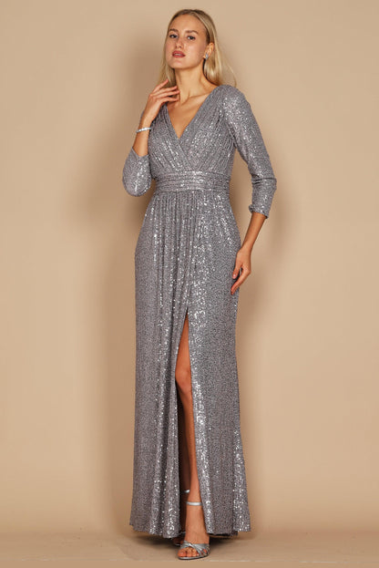 Long Sleeve Sequin Formal Beaded Dress Silver