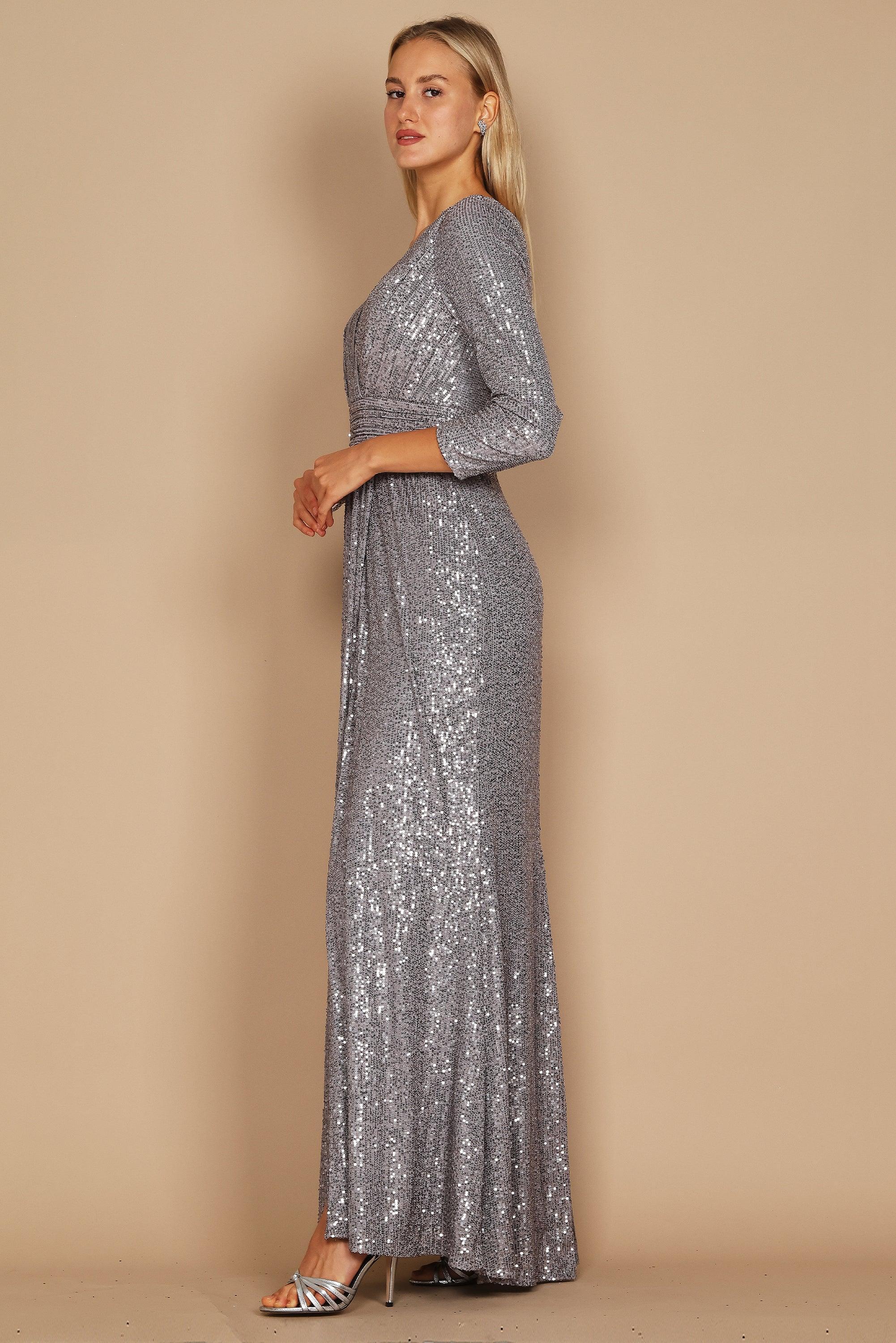 Long Sleeve Sequin Formal Beaded Dress Silver Side