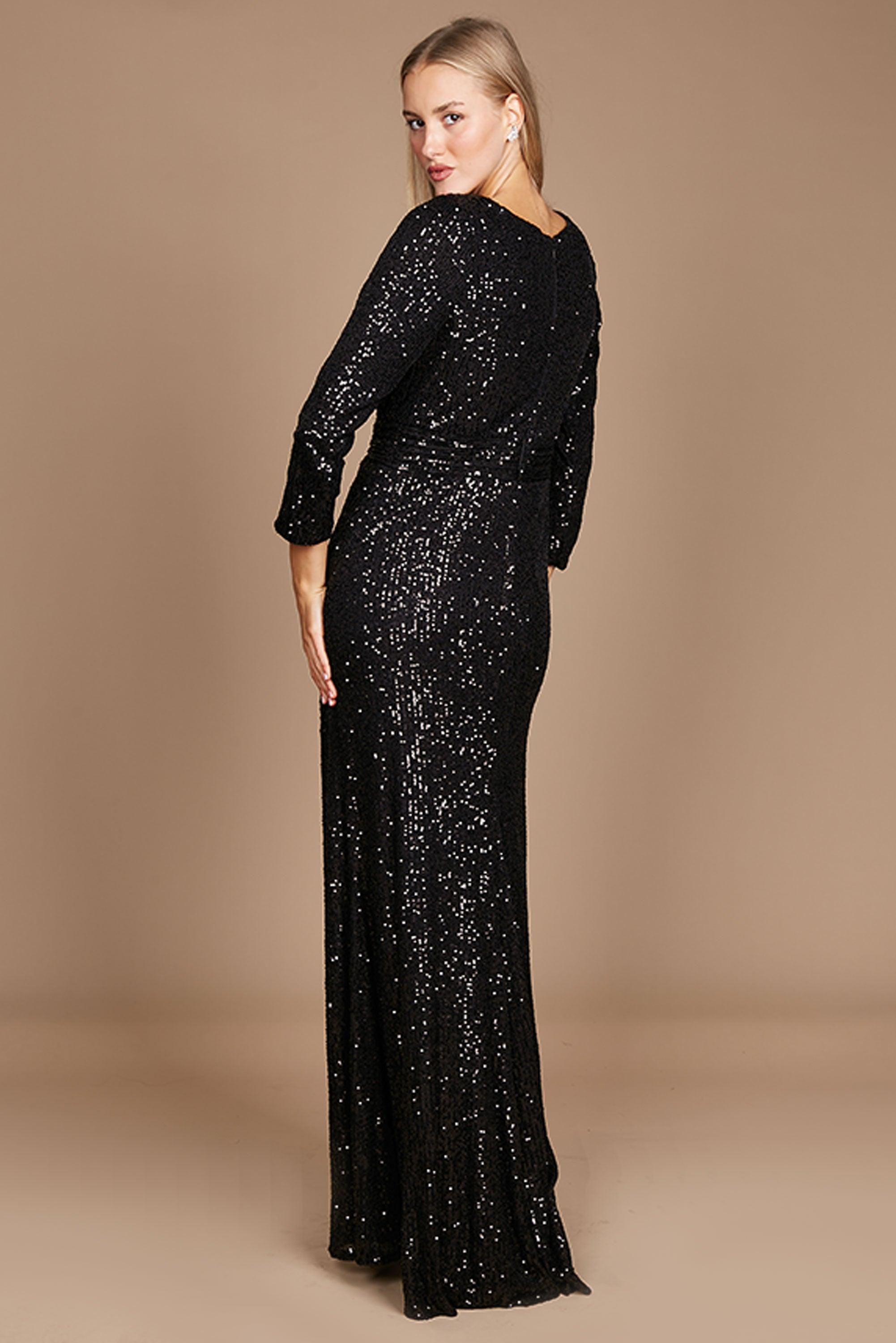 Formal Dresses Long Sleeve Sequin Formal Beaded Dress Black