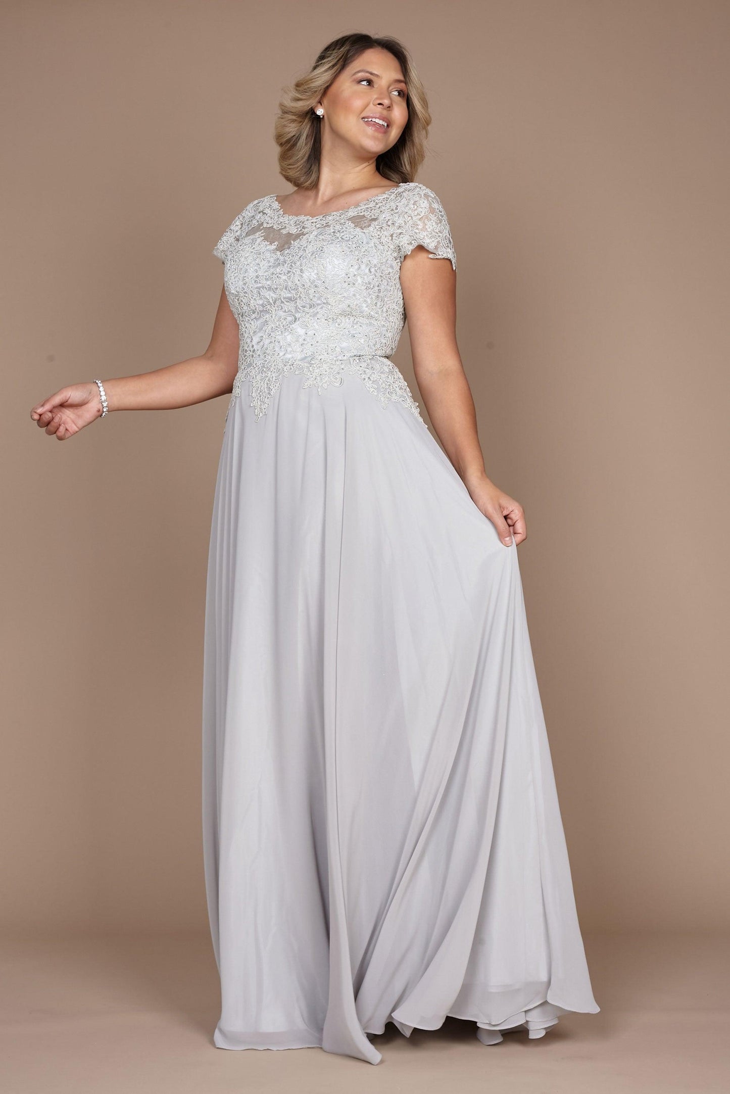 Dylan & Davids Short Sleeve Silver Formal Evening Dress Silver