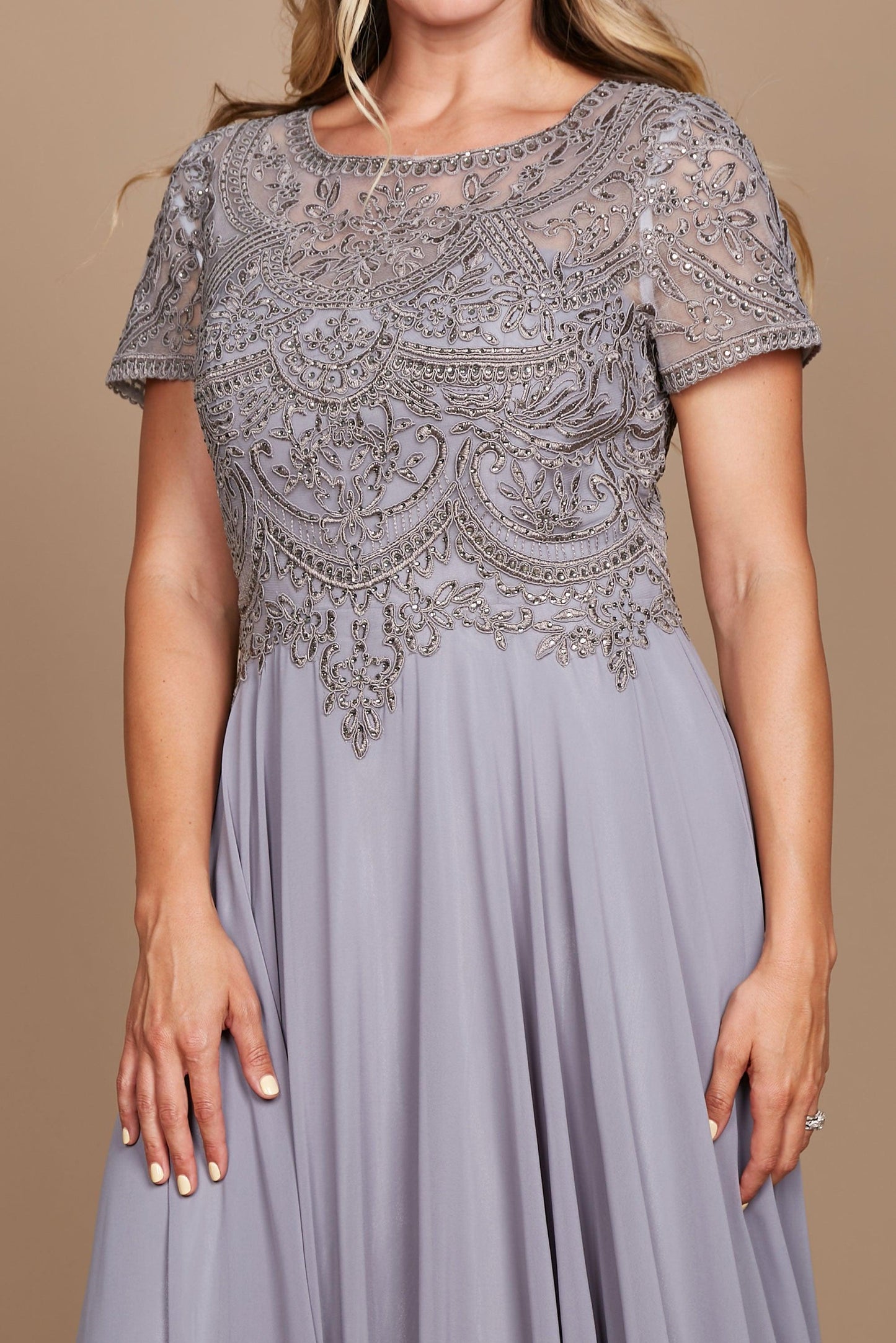 Dylan & Davids Short Sleeve Formal Mother of the Bride Dress Silver