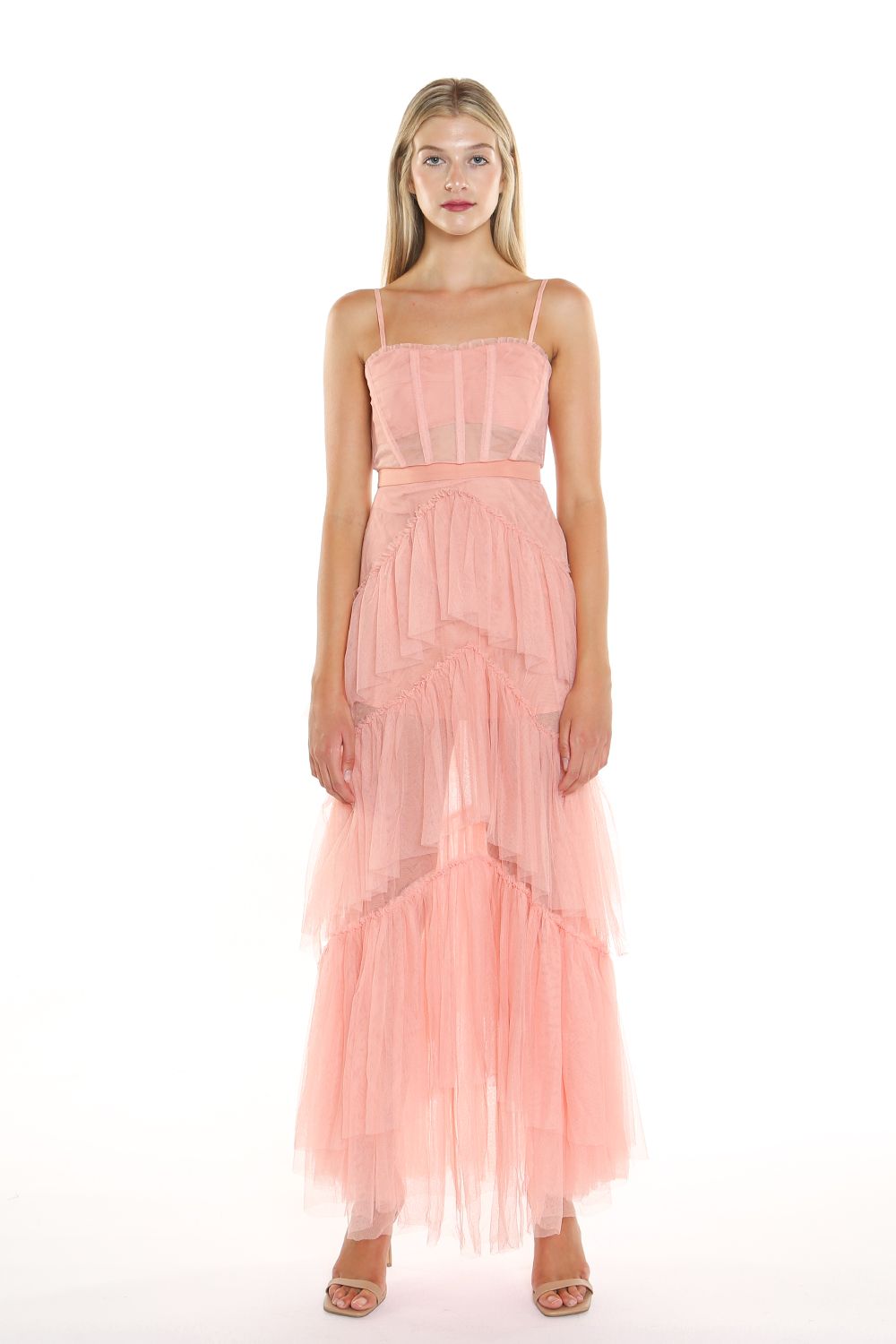 Spaghetti Tiered Mesh Long Dress
