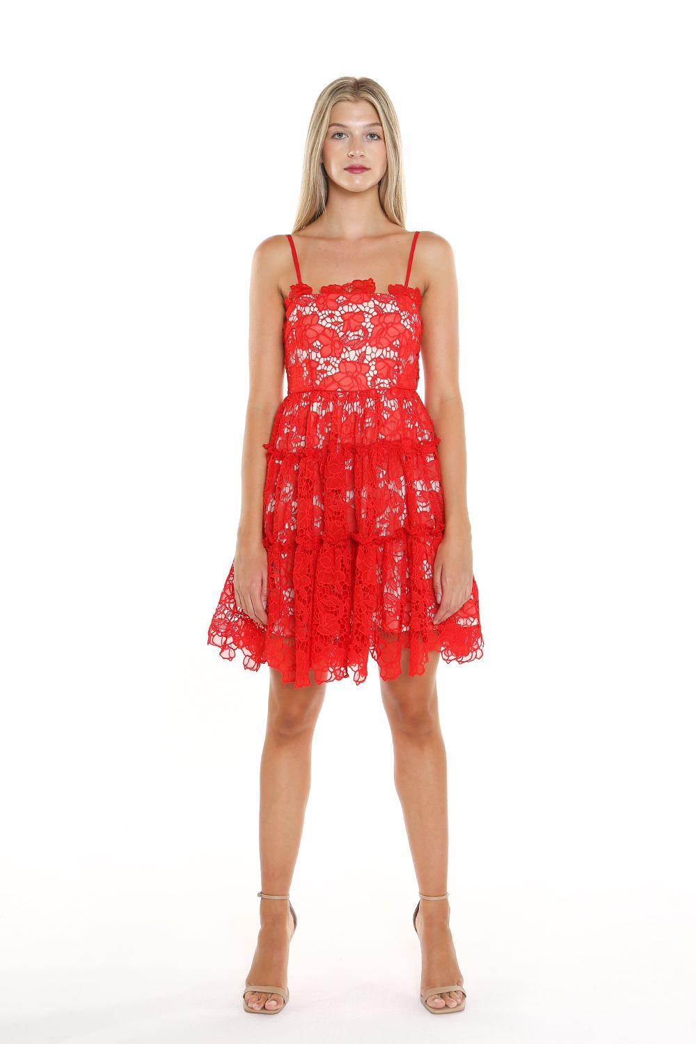 Beulah Styles Red Short Spaghetti Strap Lace Dress - Mini Cocktail Dress - Size M Beulah Styles Red Short Spaghetti Strap Lace Dress - Mini Cocktail Dress - Size M