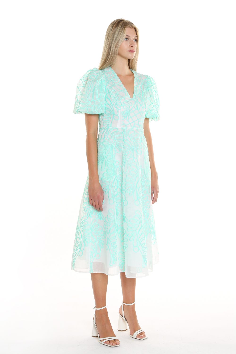 Puff Sleeve Embroidered Mesh Midi Dress