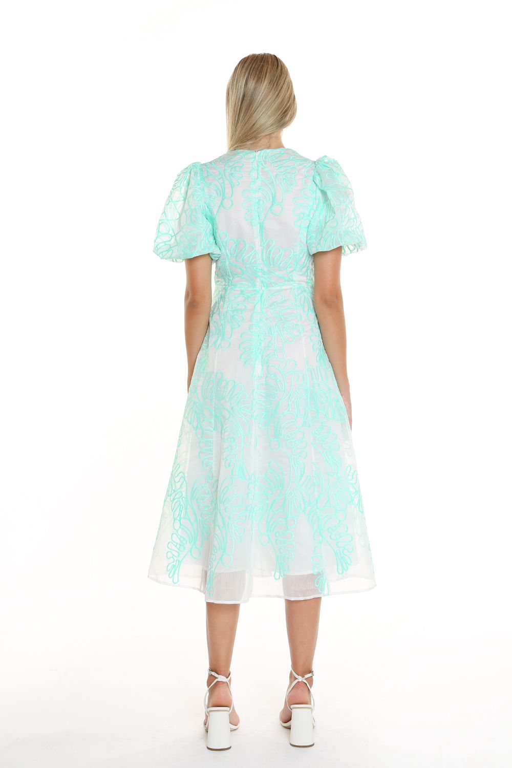 Puff Sleeve Embroidered Mesh Midi Dress