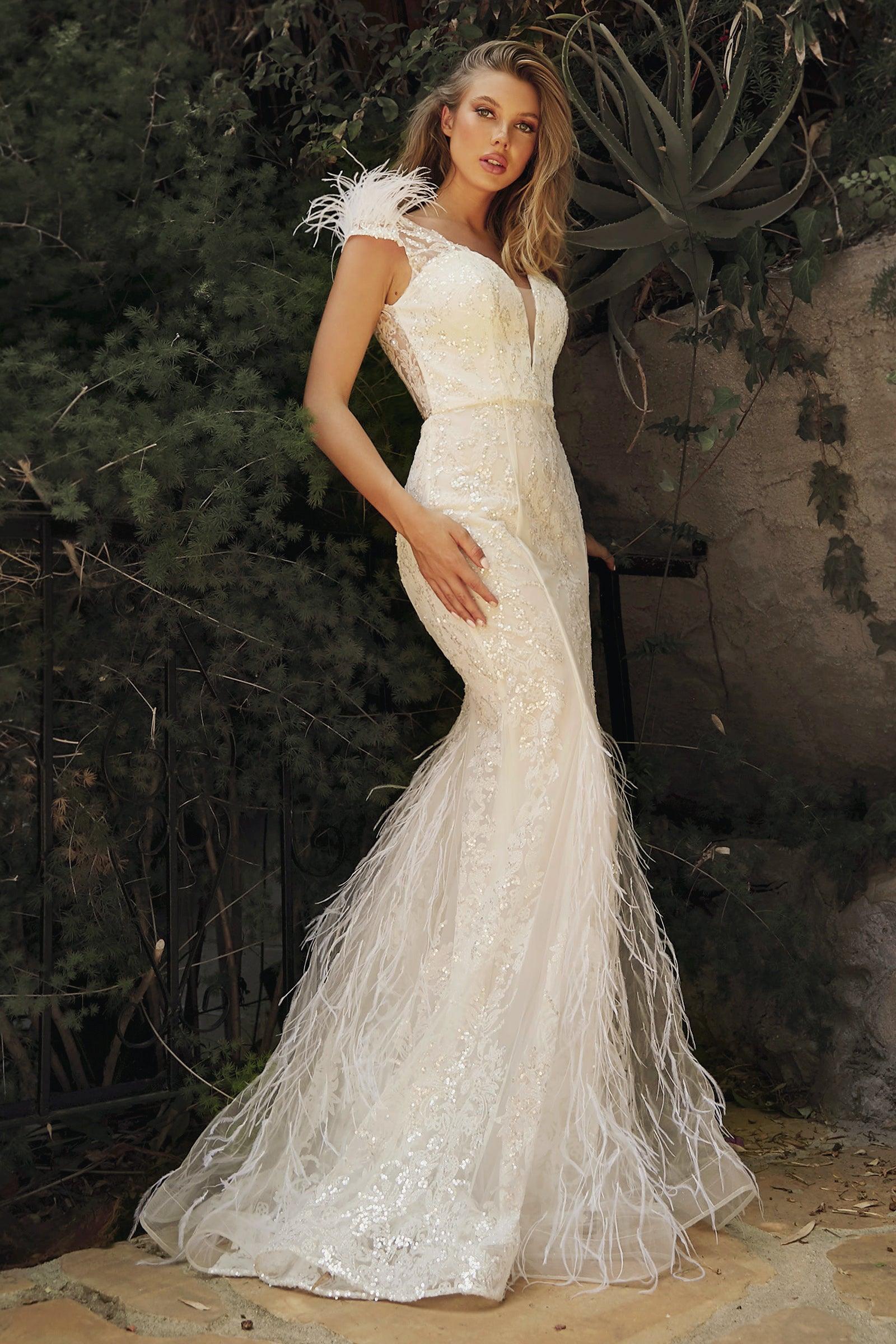 Embellished Mermaid Feather Bridal Gown - The Dress Outlet