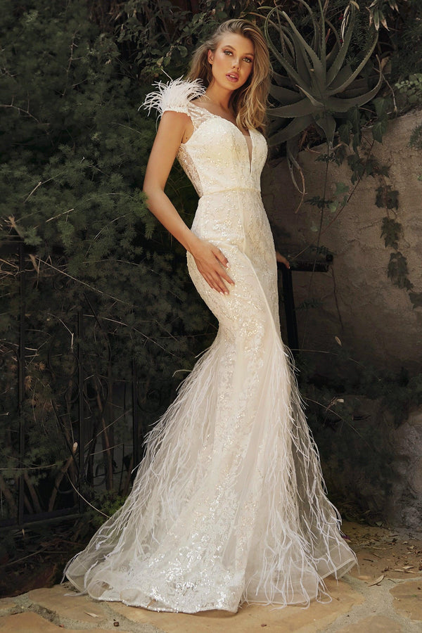 Embellished Mermaid Feather Bridal Gown - The Dress Outlet