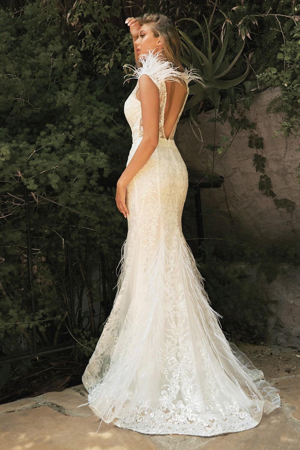 Embellished Mermaid Feather Bridal Gown - The Dress Outlet