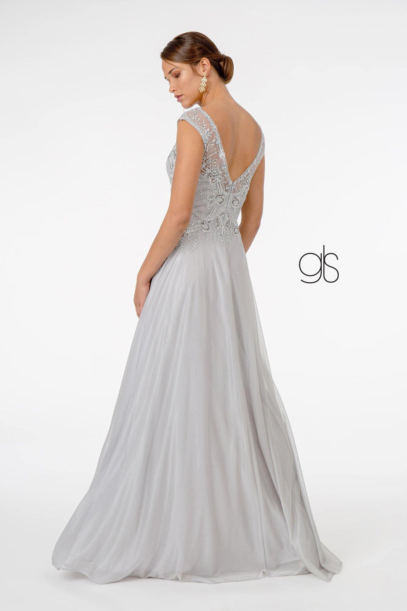Embroidered Bodice V-Neck Long Formal Dress Sale