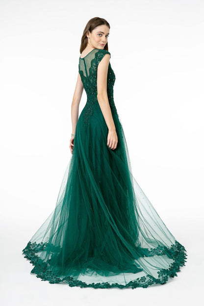 Embroidered Mesh A-Line Long Dress with Sheer Back - The Dress Outlet Elizabeth K