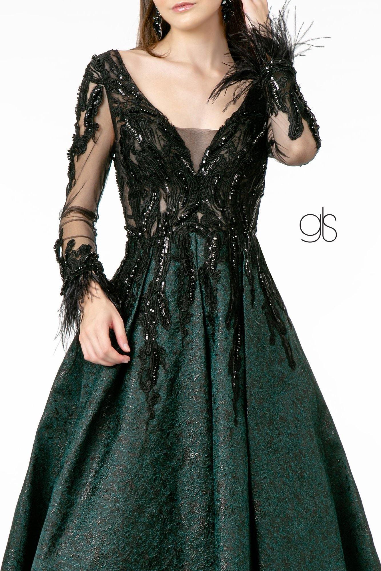 Embroidery Embellished Jacquard Long Prom Dress Sale - The Dress Outlet