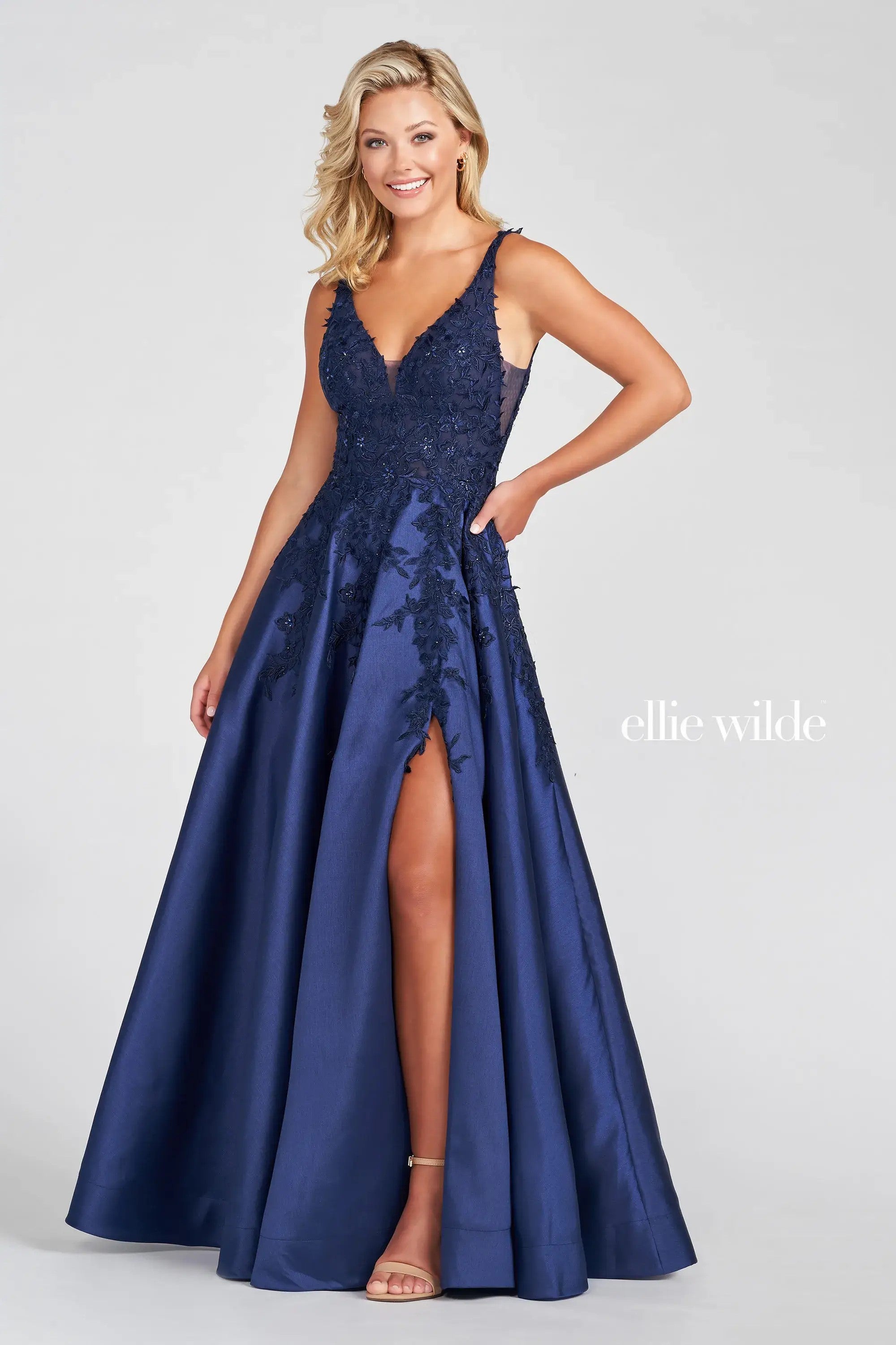 Prom Dresses Slit Long Formal Pocket Prom Gown Navy Blue