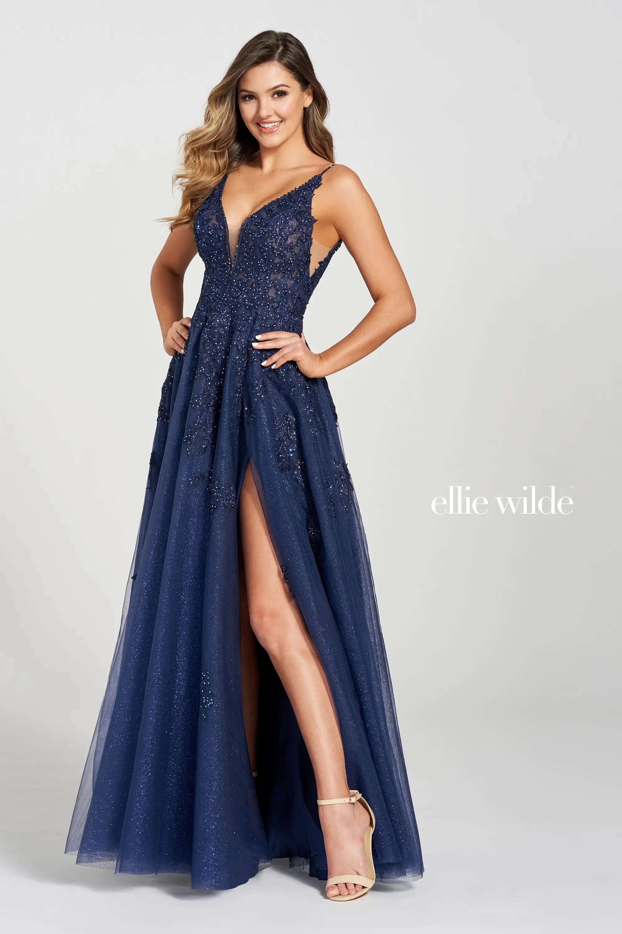 Prom Dresses Long A Line Formal Glitter Slit Prom Dress Navy Blue