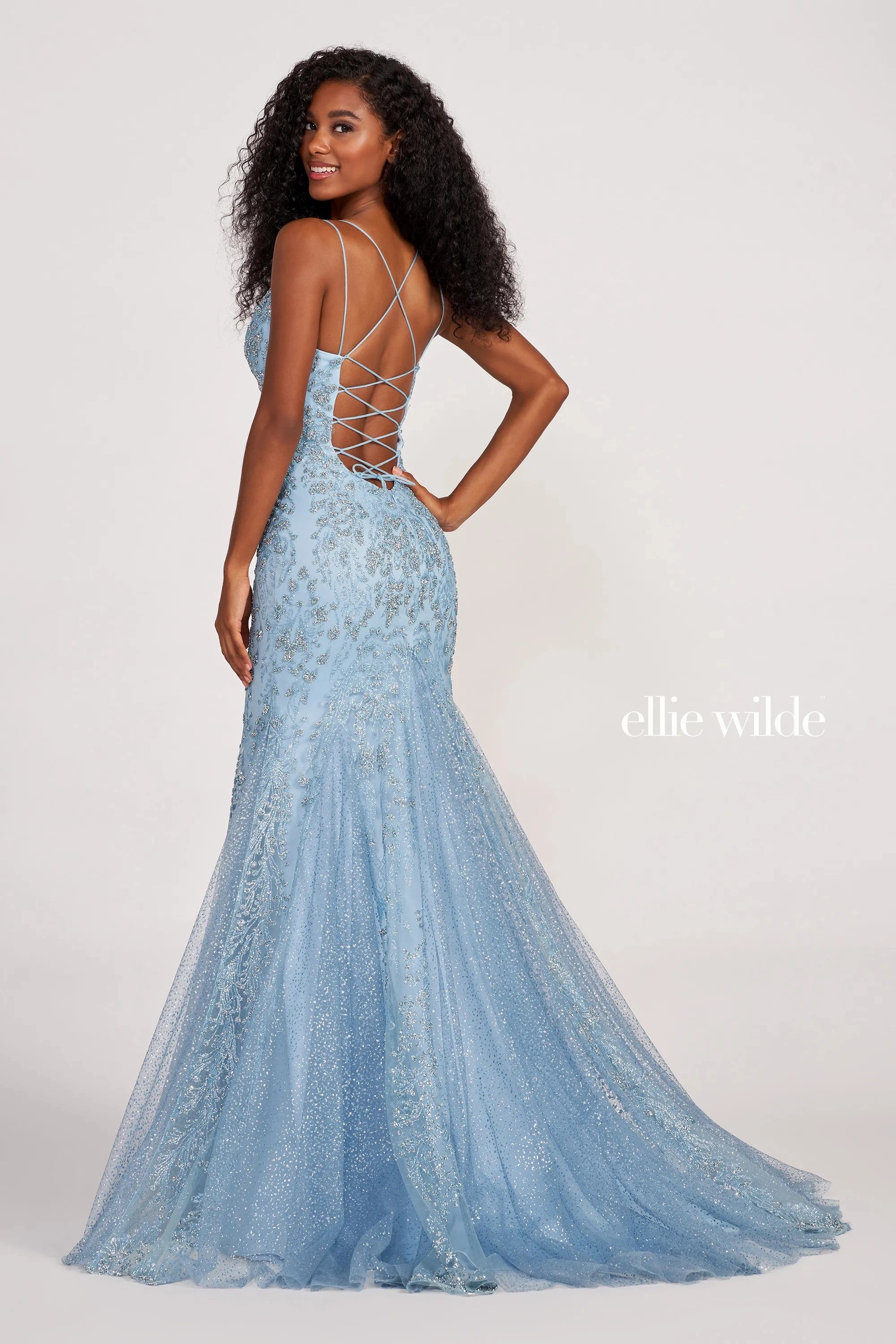 Prom Dresses Beaded Mermaid Evening Long Prom Gown Misty Blue