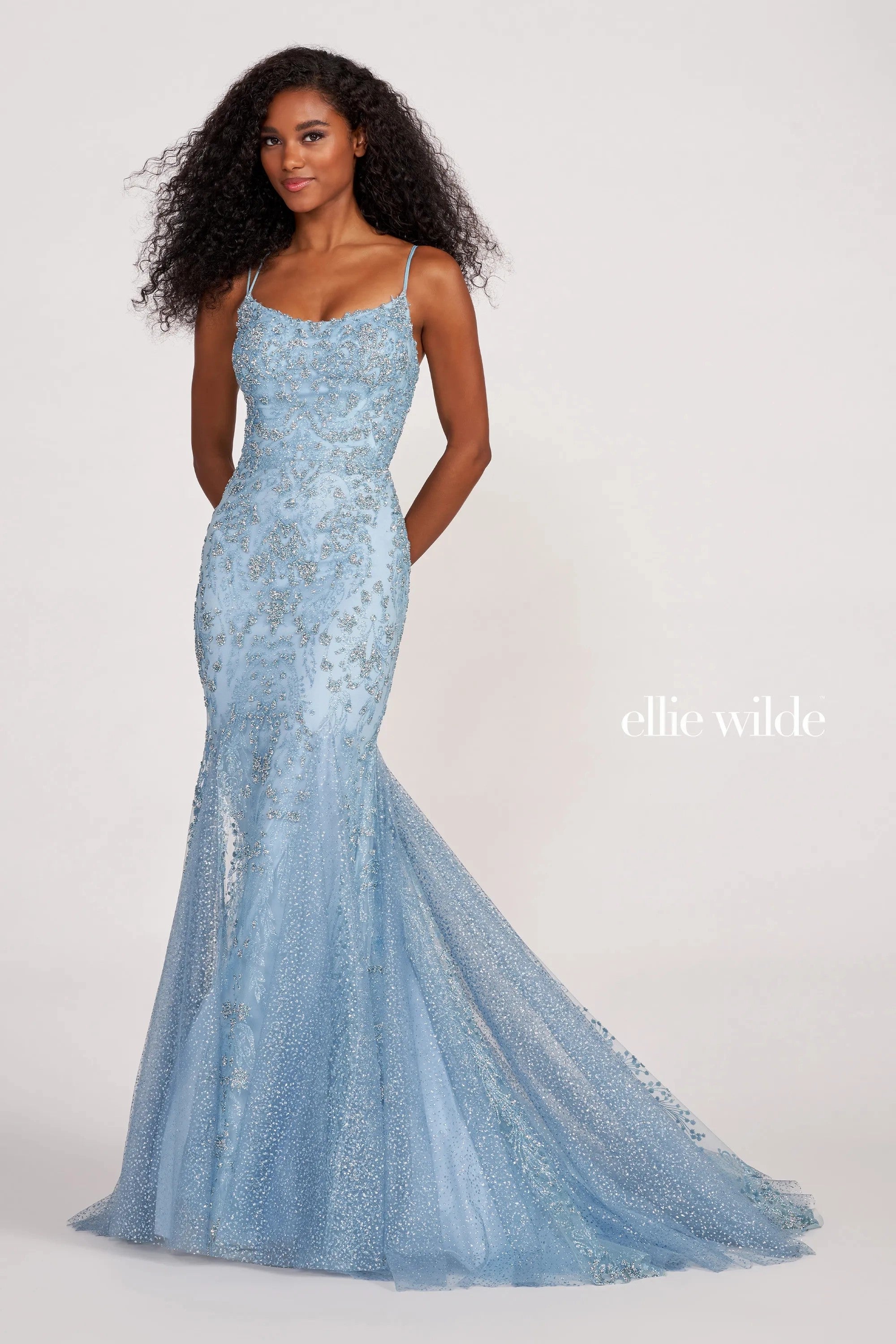 Prom Dresses Beaded Mermaid Evening Long Prom Gown Misty Blue