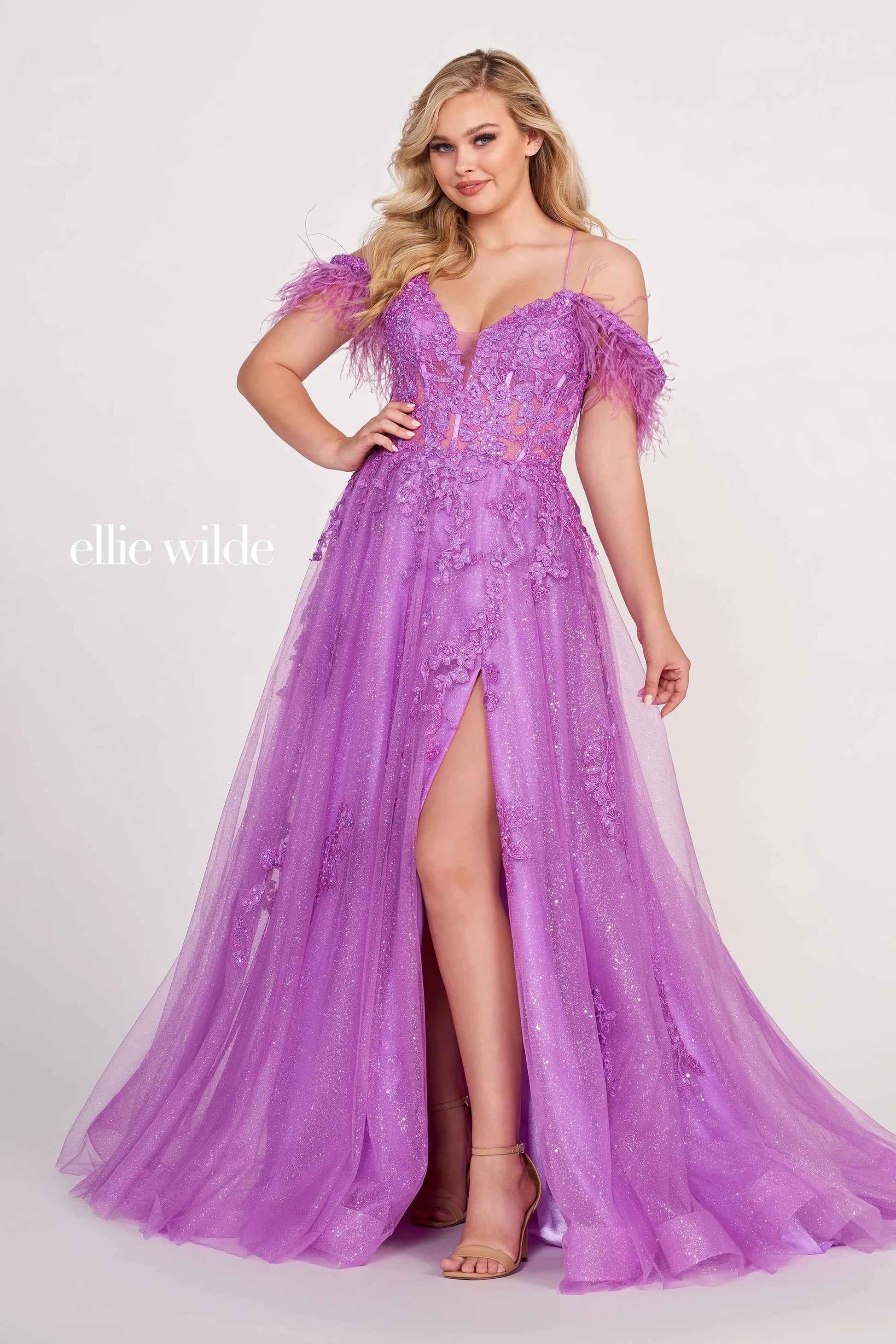 Ellie Wilde EW34066 Long Ball Gown Glitter Applique Prom Dress