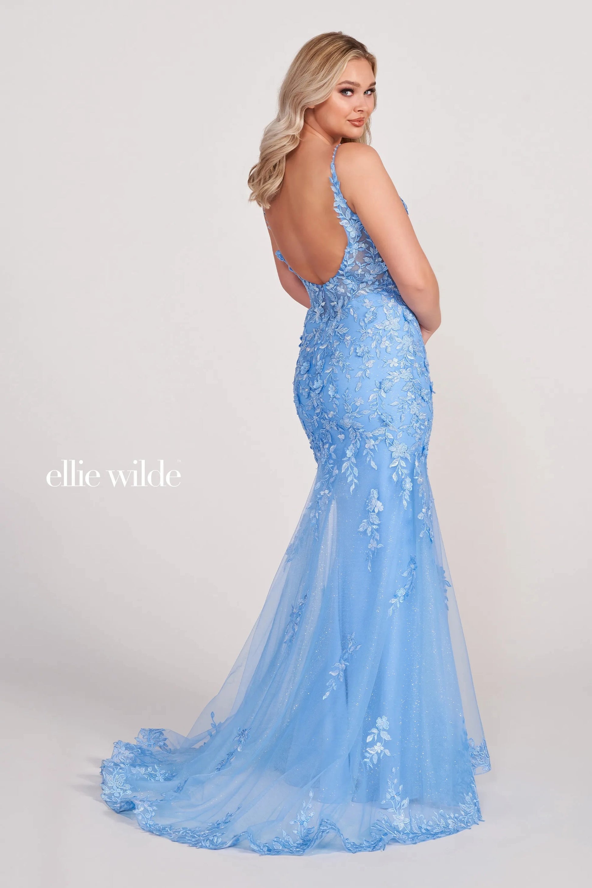 Ellie Wilde EW34067 Fitted Long Formal Applique Prom Dress