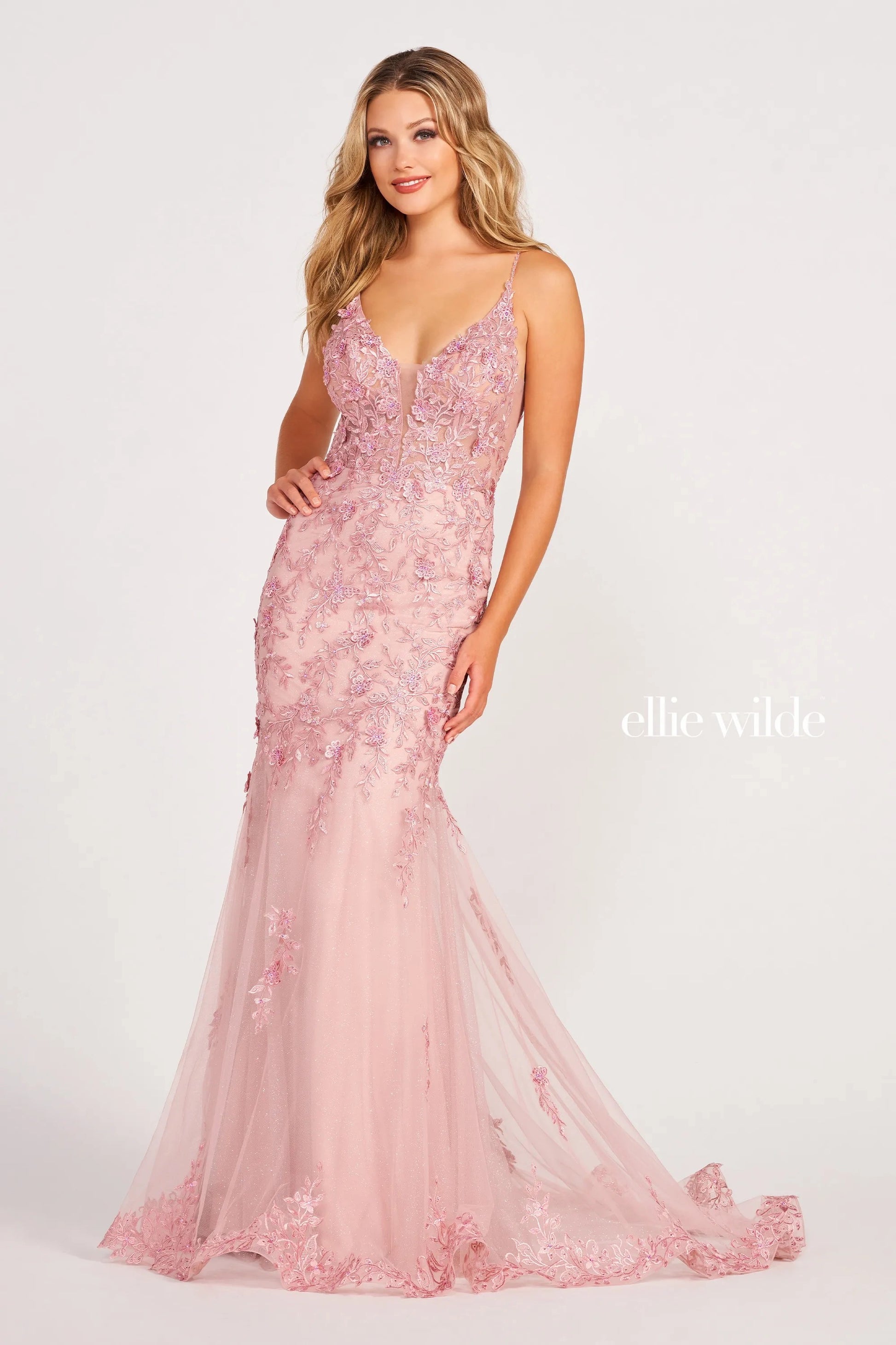Ellie Wilde EW34067 Fitted Long Formal Applique Prom Dress