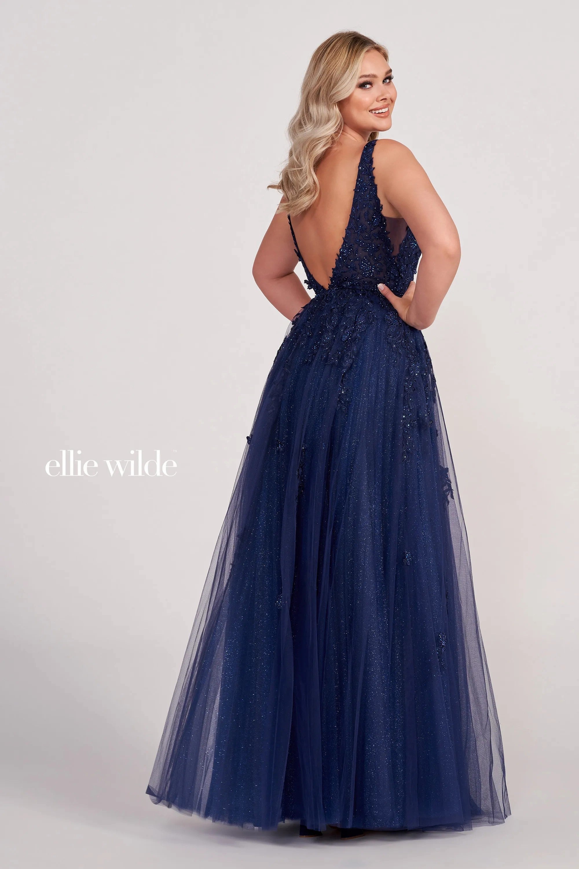 Navy Blue Ellie Wilde EW34103 Formal Long Prom A Line Dress