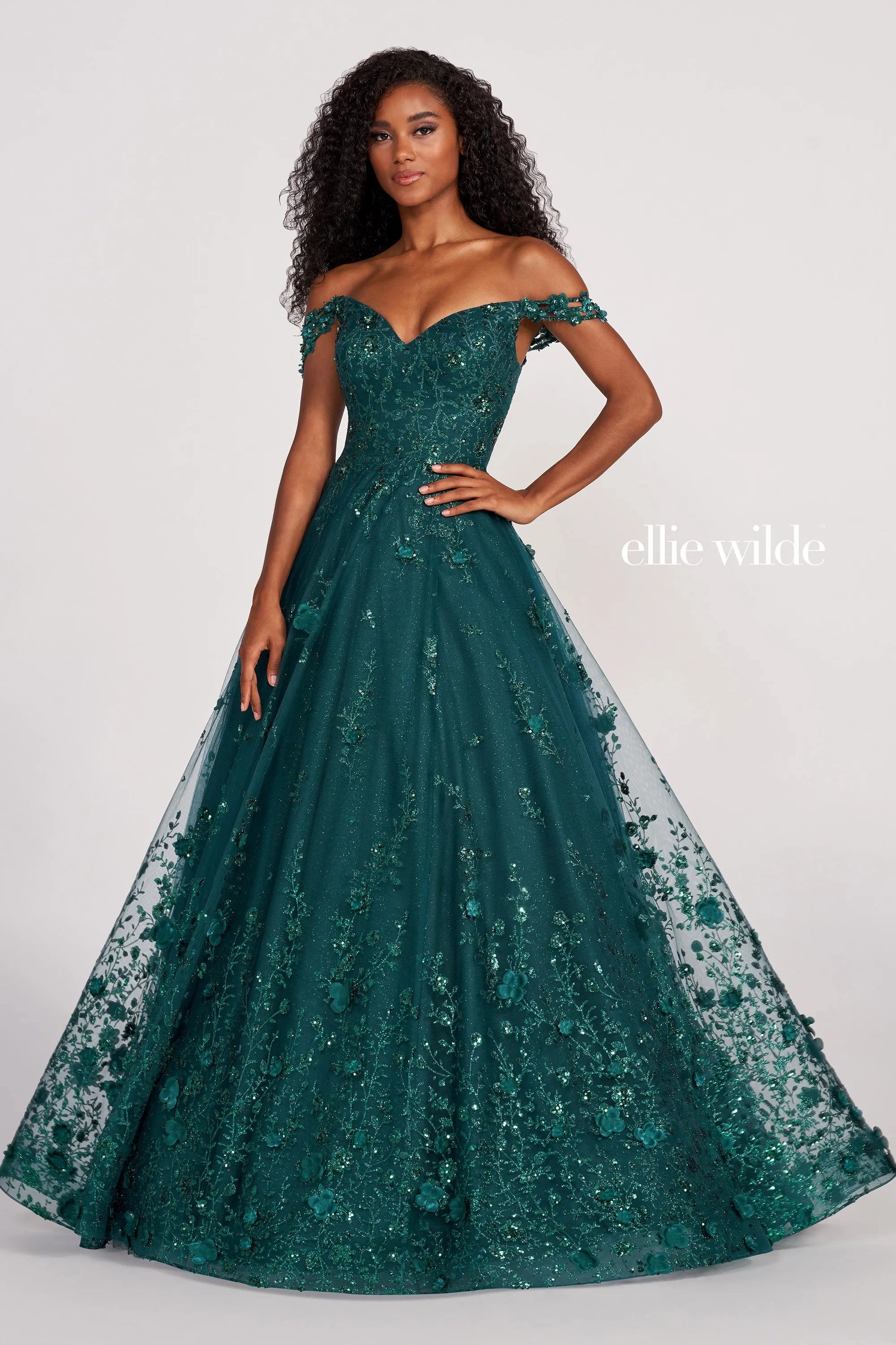 Ellie Wilde EW34113 Glittered Long A Line Formal Prom Dress