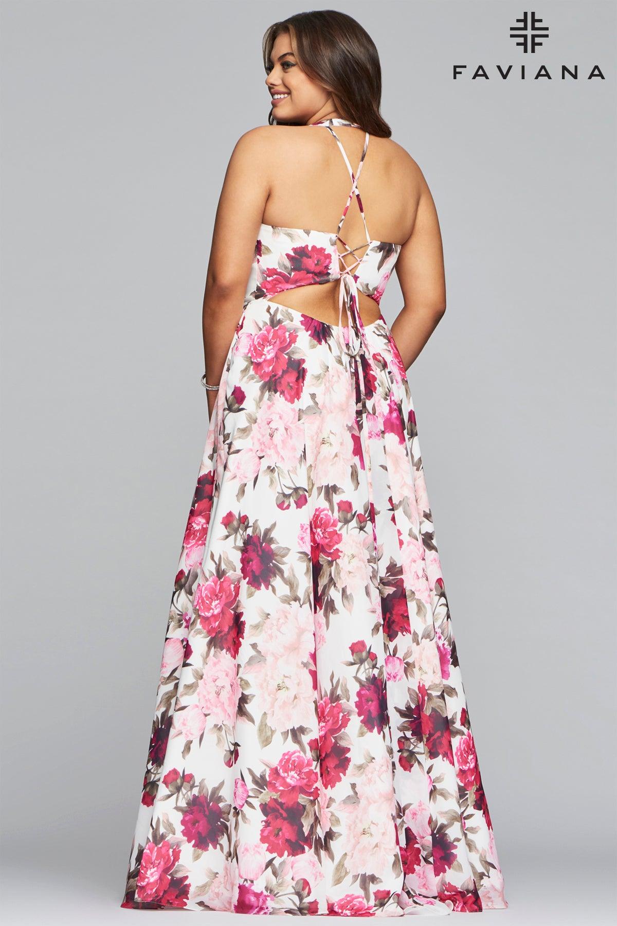 Faviana Floral Lace-Up Plus Size Evening Dress FA9468 - The Dress Outlet